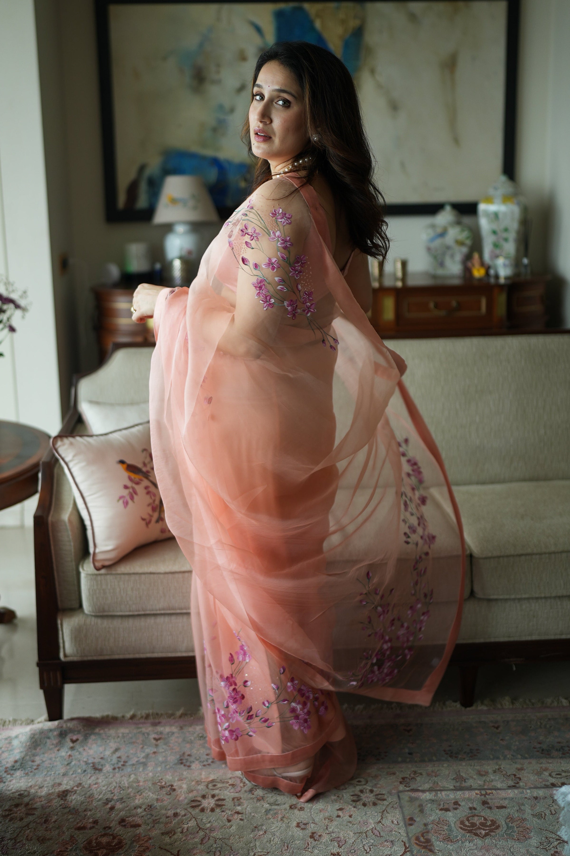 Actor Sagarika Ghatge in our Pink Organza Saree