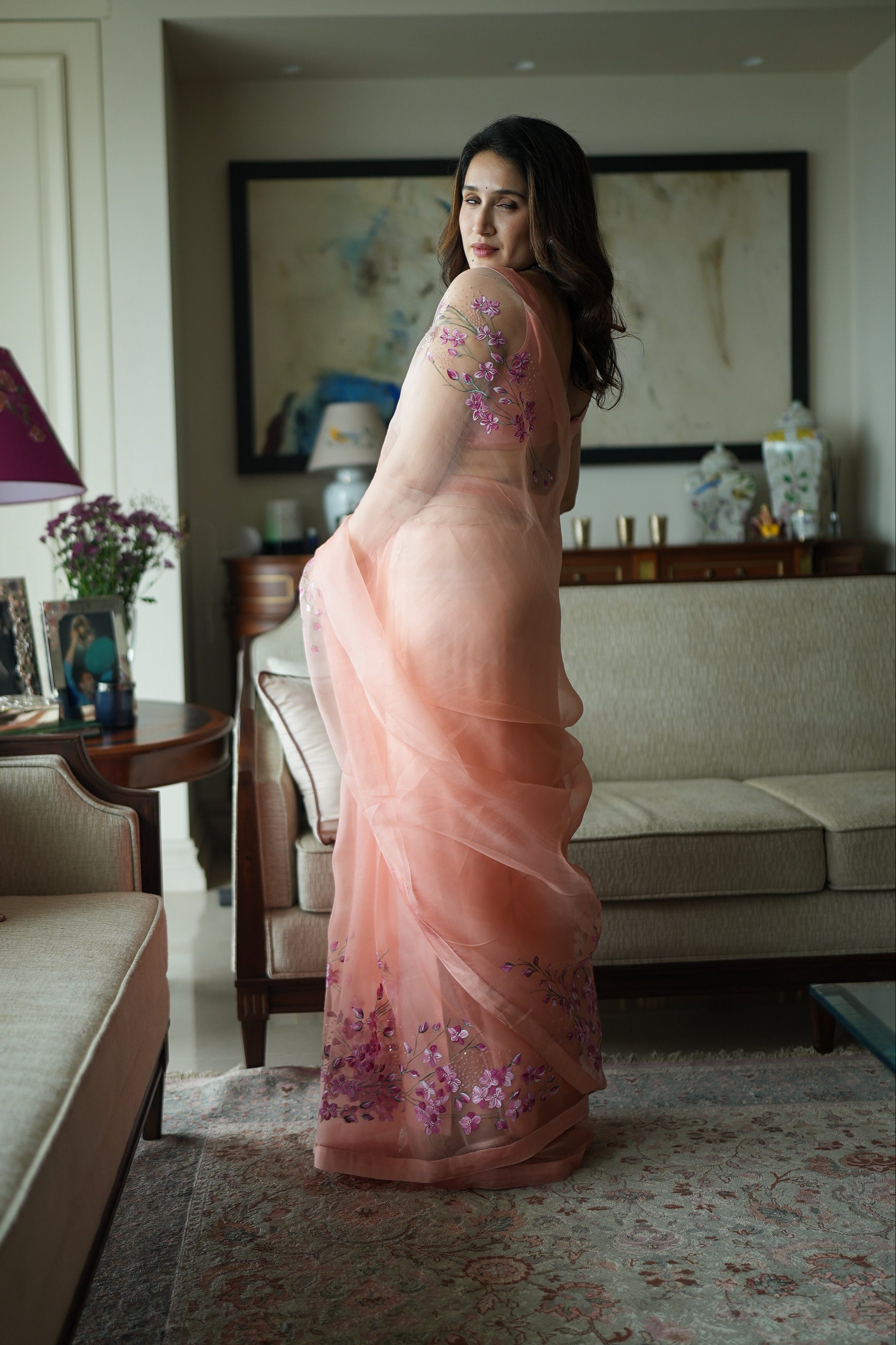 Actor Sagarika Ghatge in our Pink Organza Saree