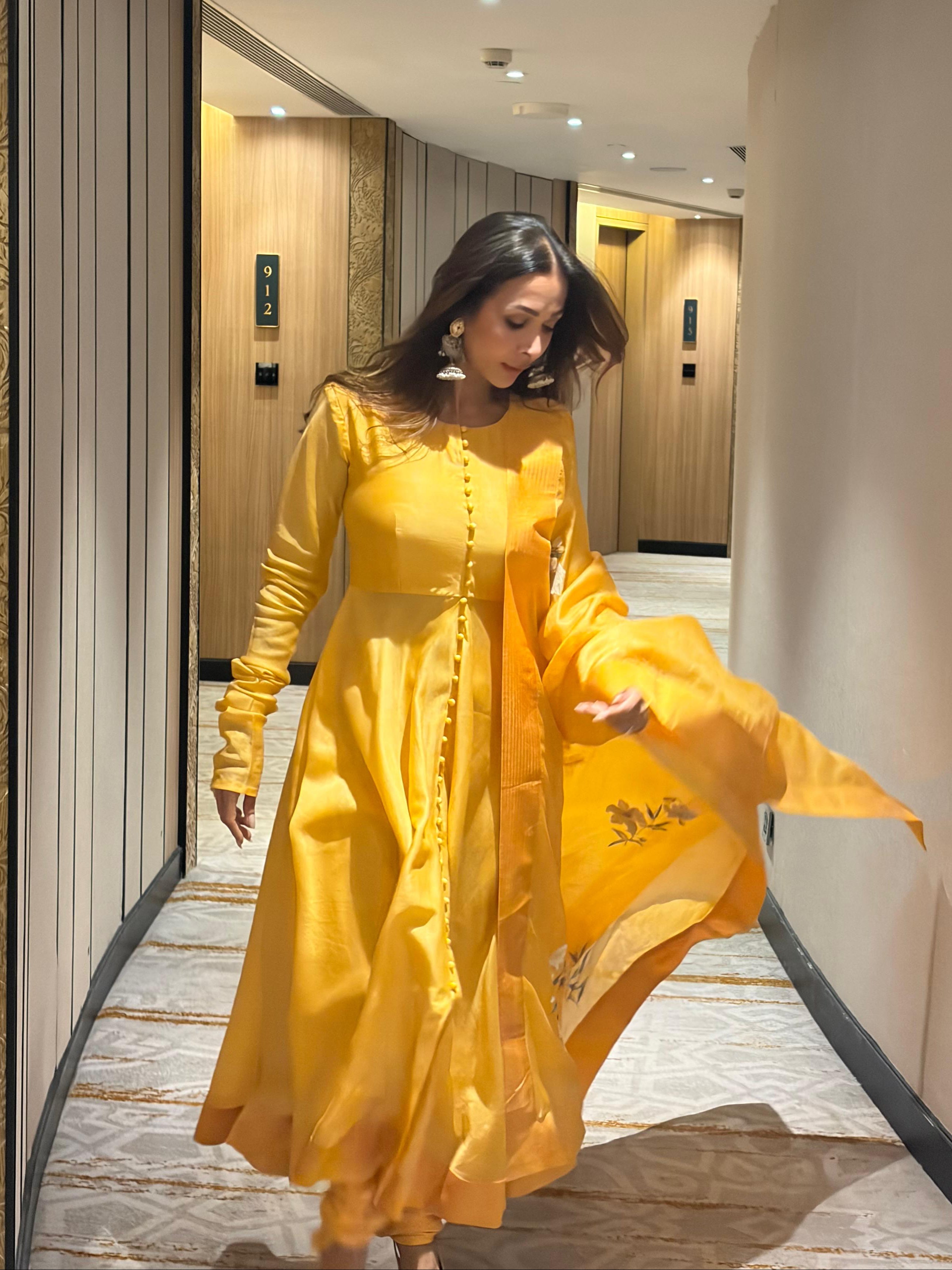 Actor Malaika Arora in our Hand-Painted Chanderi-Silk Anarkali