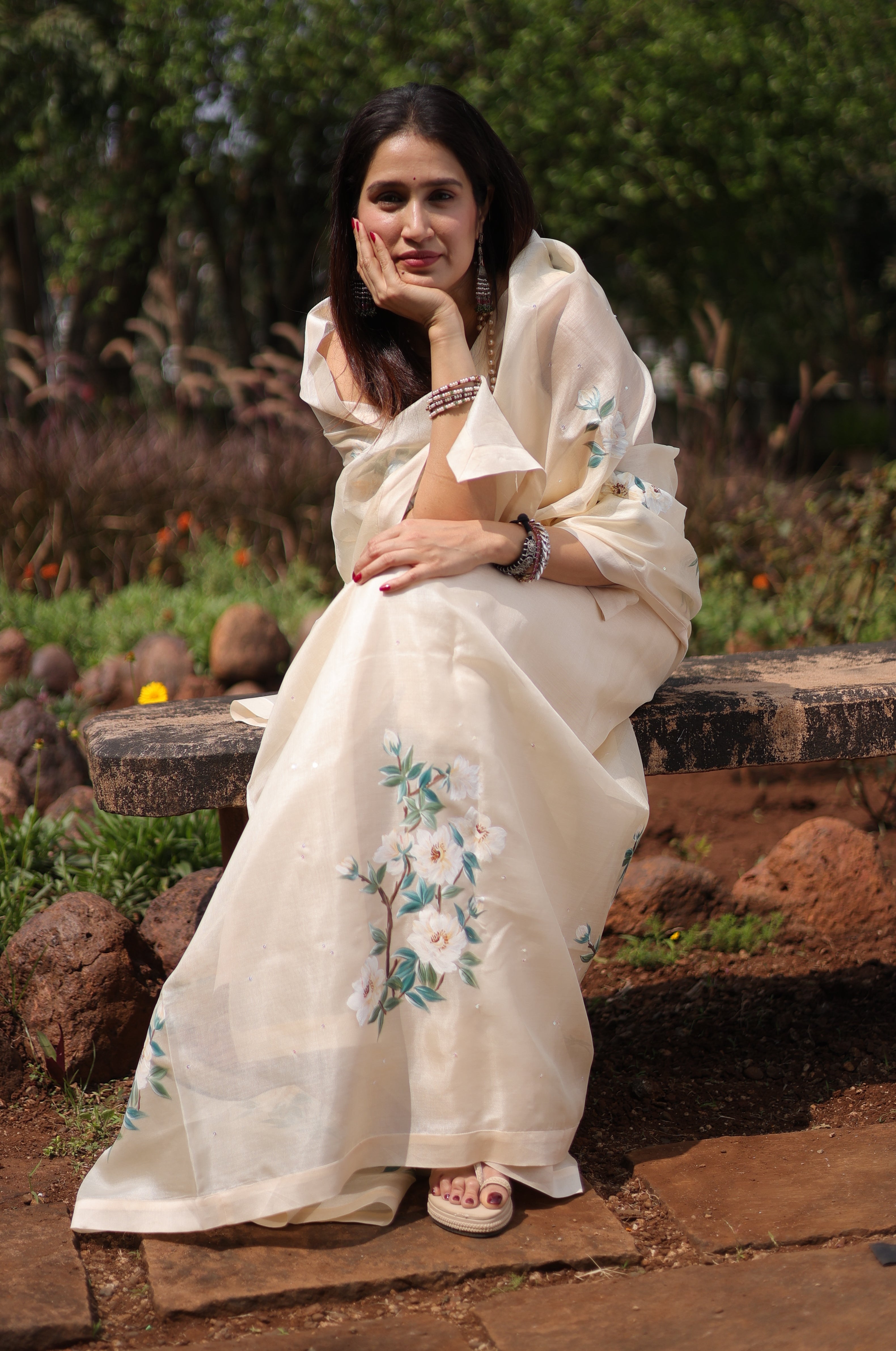 Actor Sagarika Ghatge in our Ivory White Tussar Silk Saree