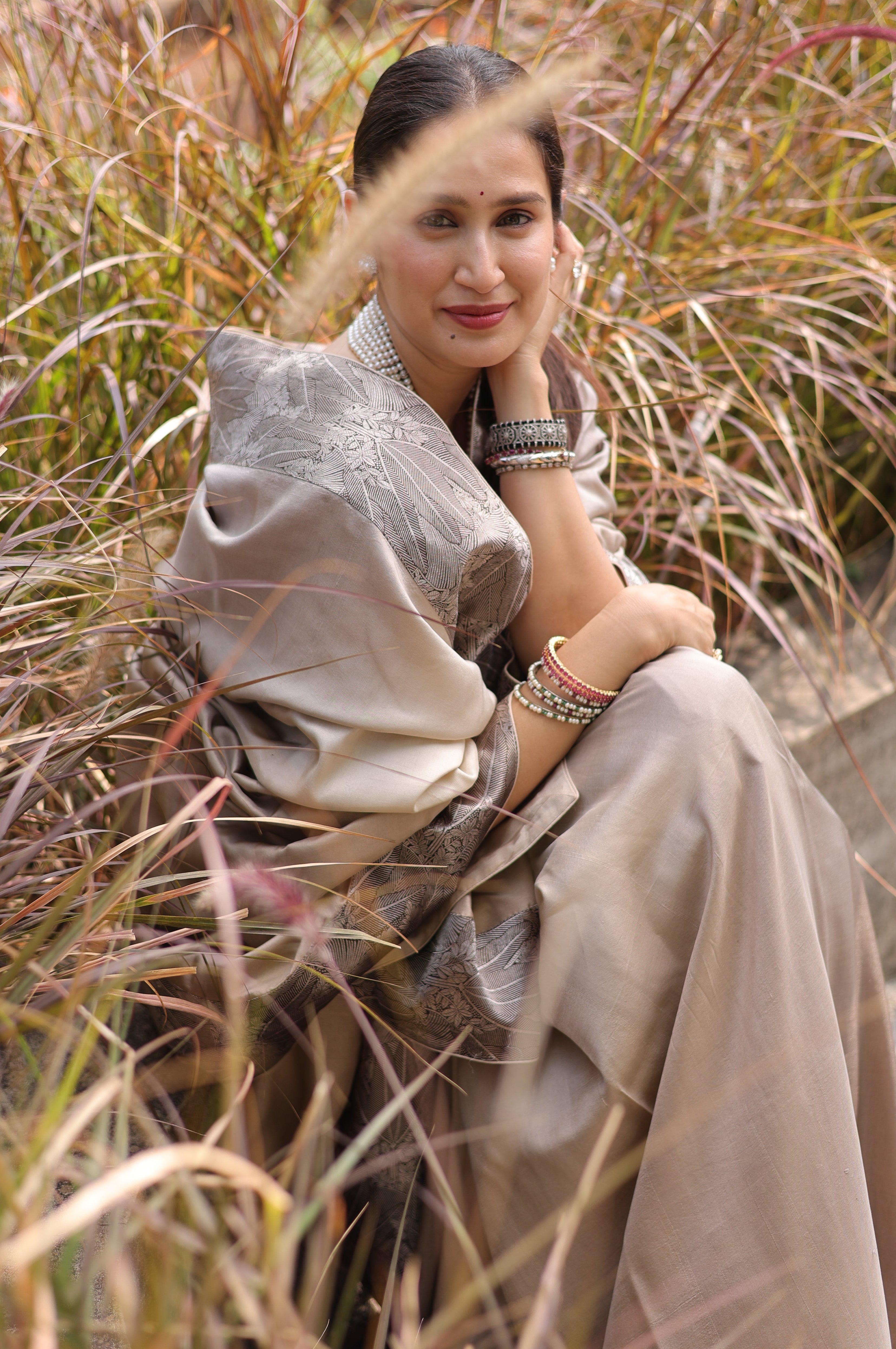 Actor Sagarika Z Ghatge in Grey Satin-Crepe Saree