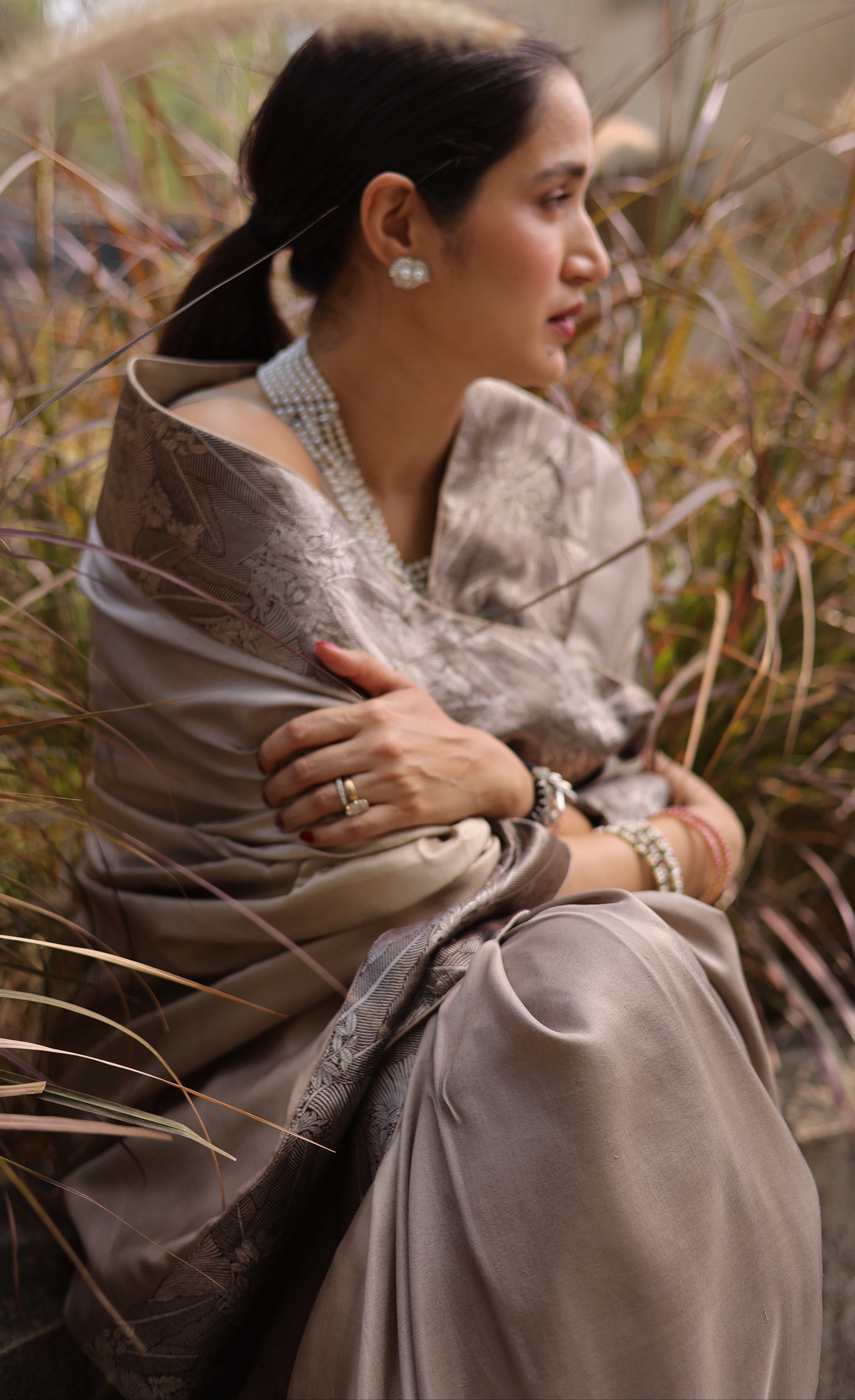 Actor Sagarika Z Ghatge in Grey Satin-Crepe Saree