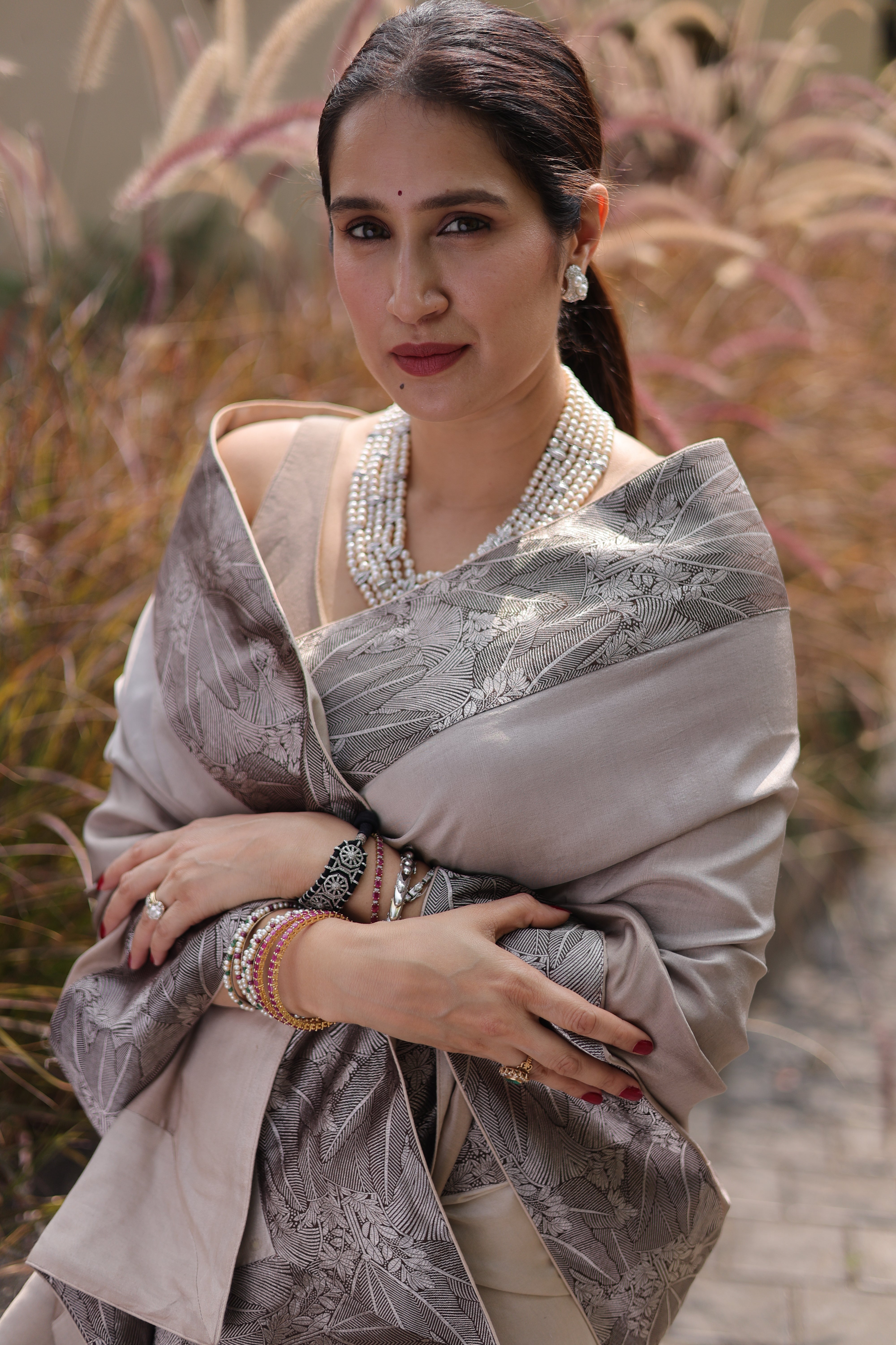 Actor Sagarika Z Ghatge in Grey Satin-Crepe Saree
