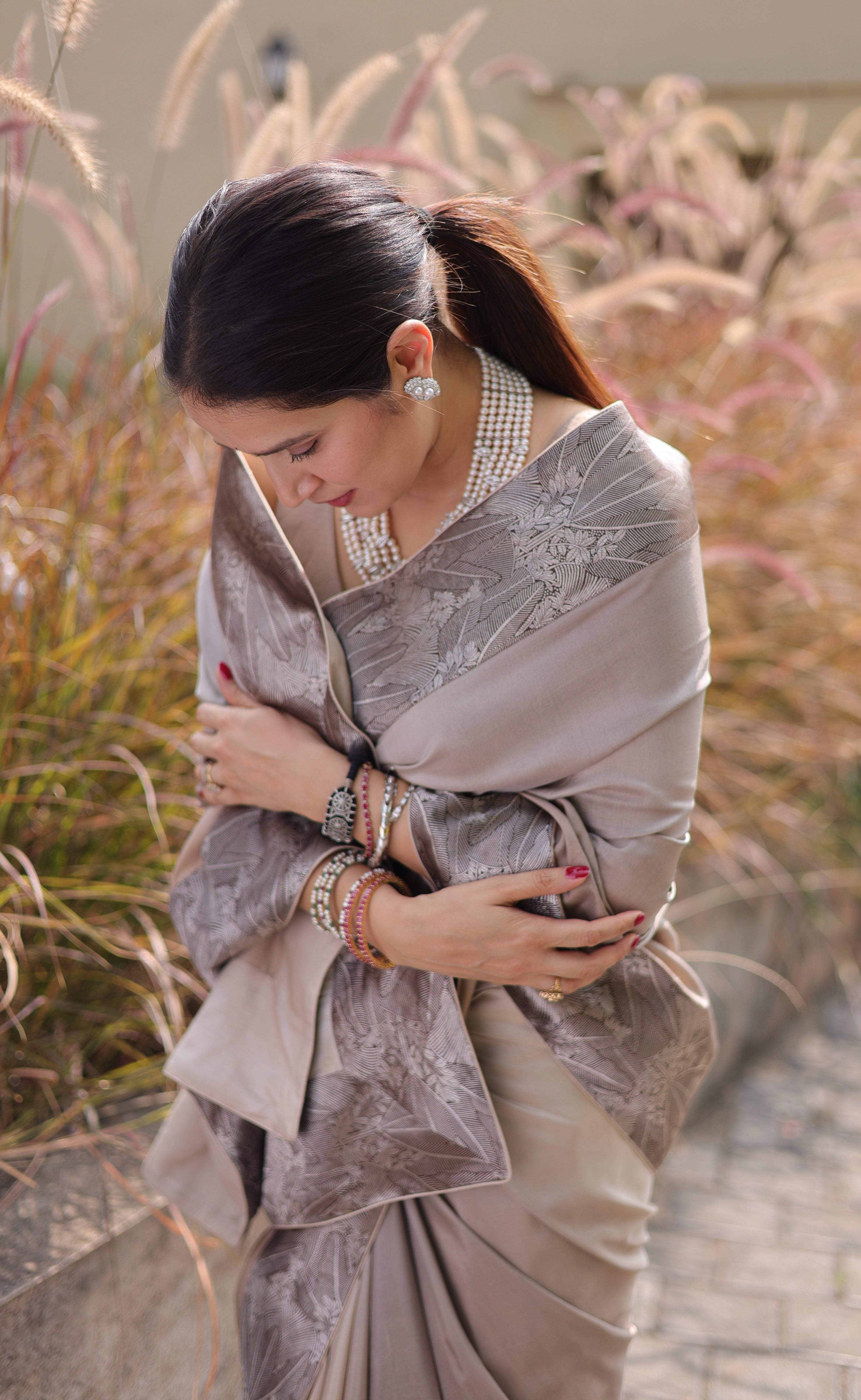 Actor Sagarika Z Ghatge in Grey Satin-Crepe Saree