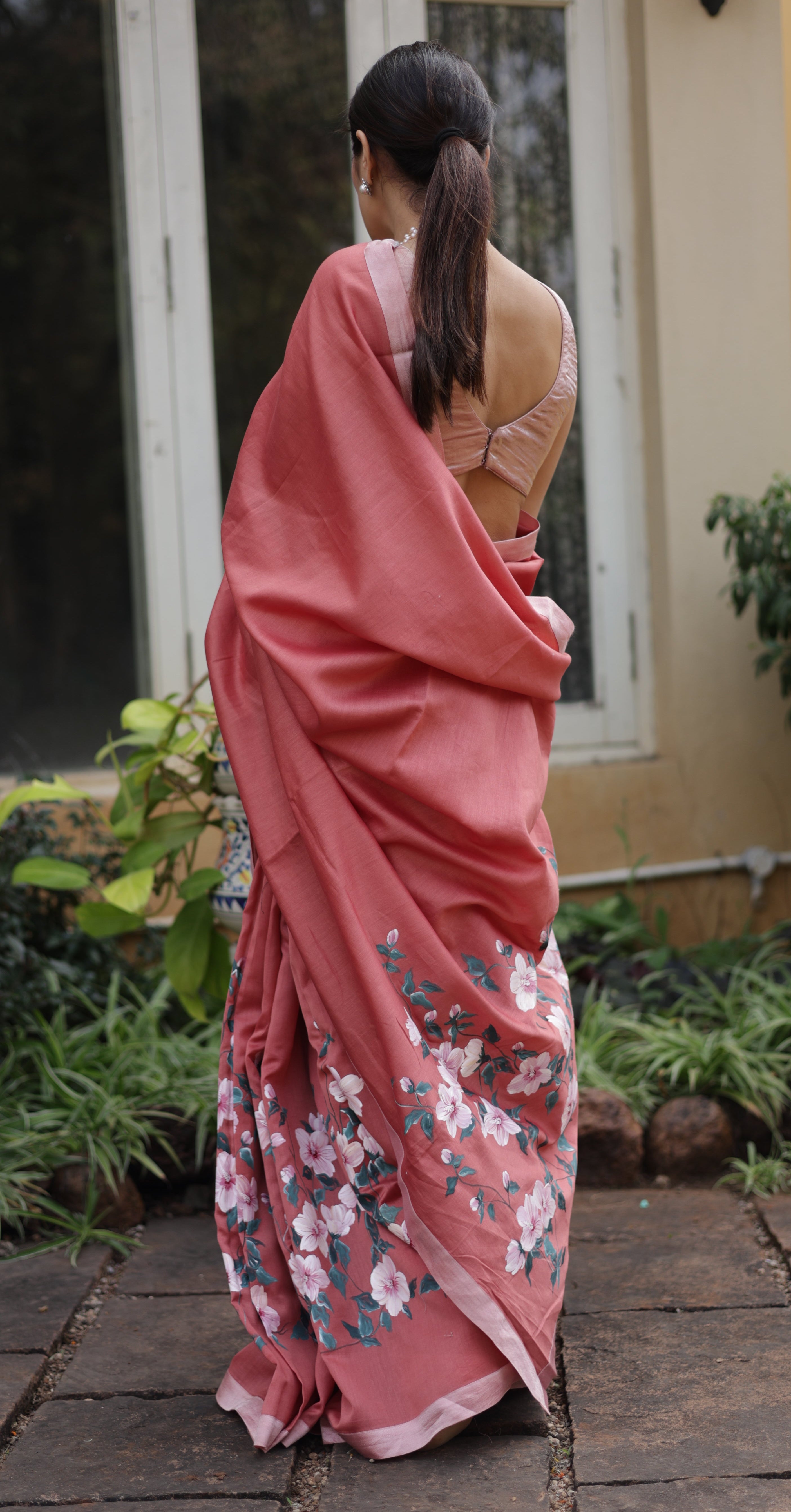 Actor Sagarika Ghatge in our Light Red Chanderi-Silk Saree