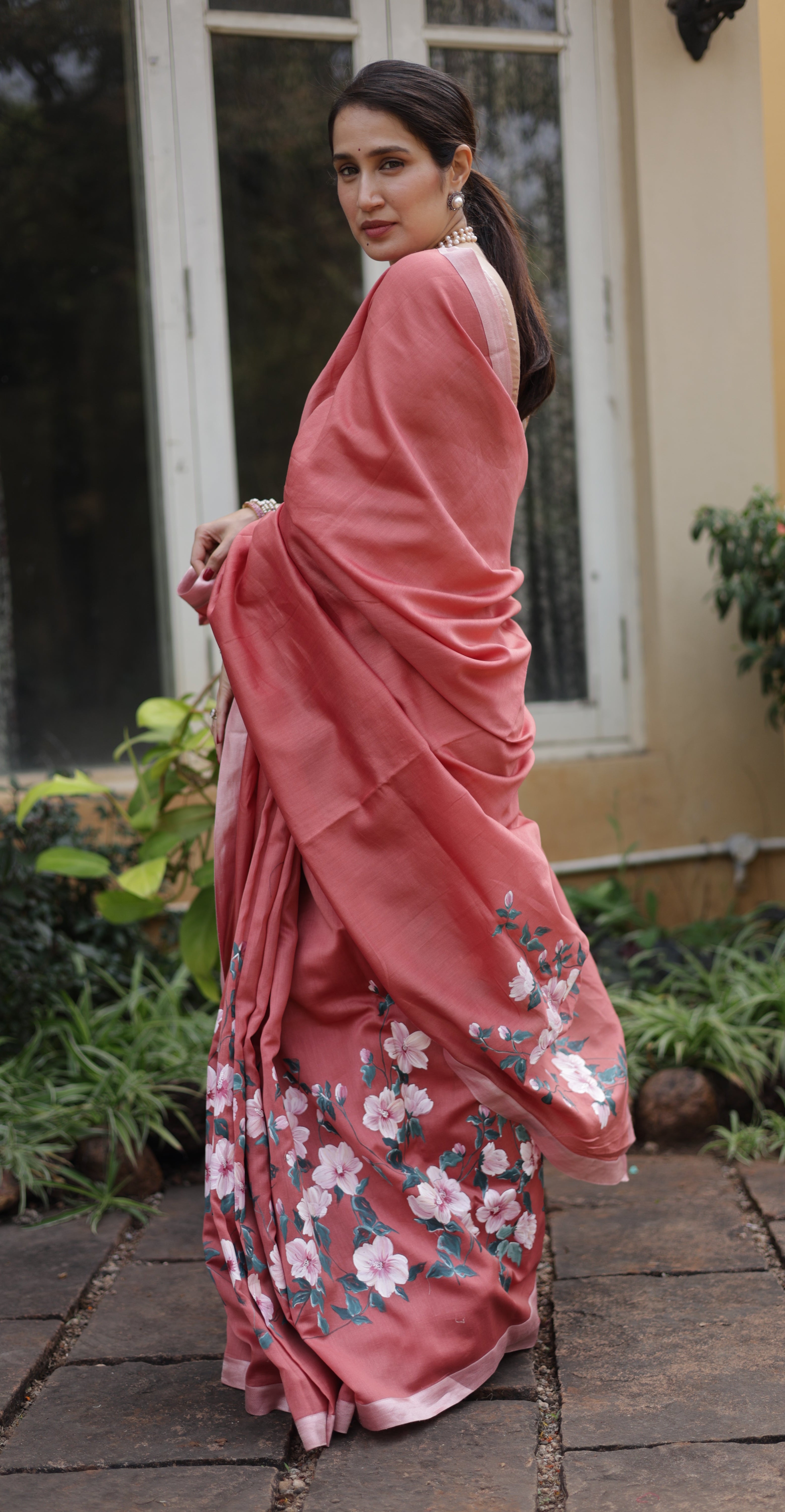 Actor Sagarika Ghatge in our Light Red Chanderi-Silk Saree