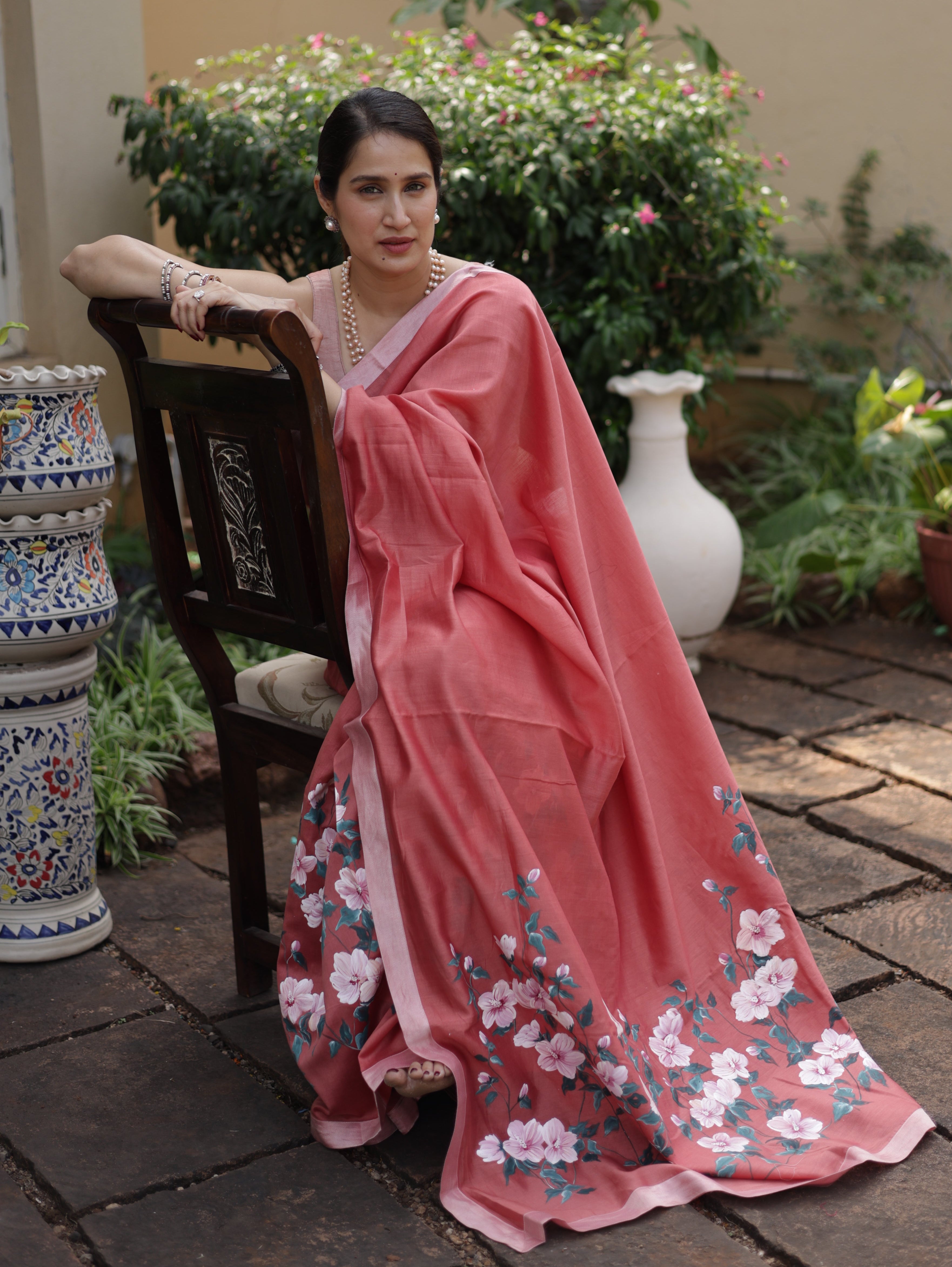 Actor Sagarika Ghatge in our Light Red Chanderi-Silk Saree
