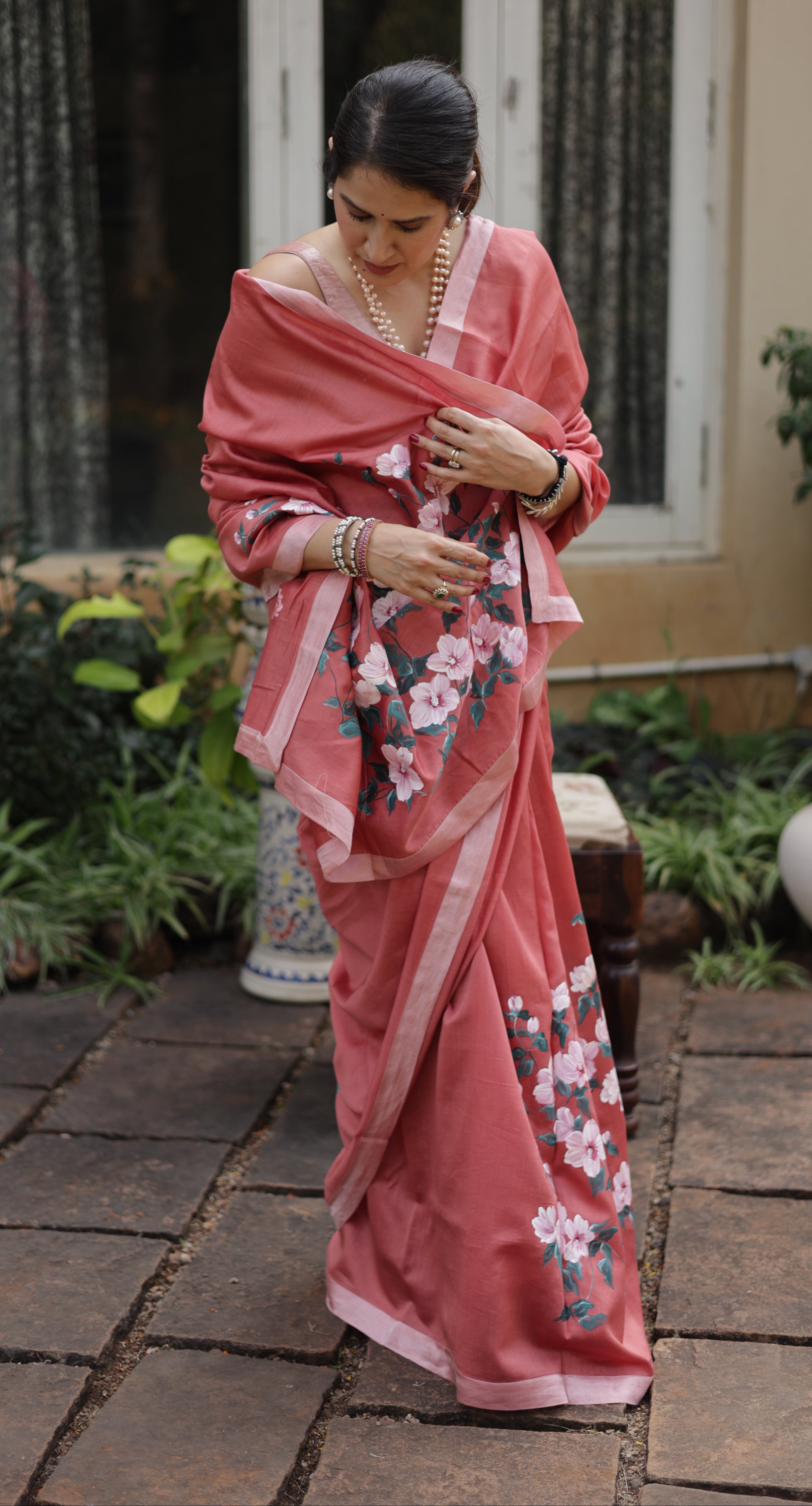 Actor Sagarika Ghatge in our Light Red Chanderi-Silk Saree