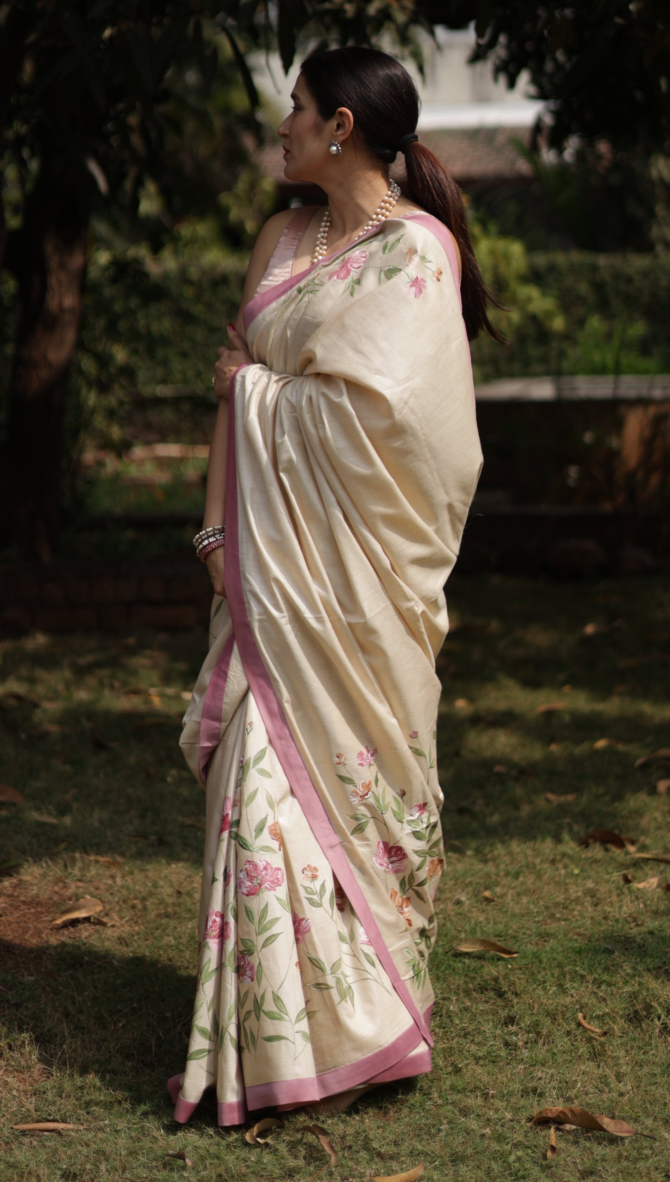 Actor Sagarika Ghatge in our Cream-White Tussar Silk Saree