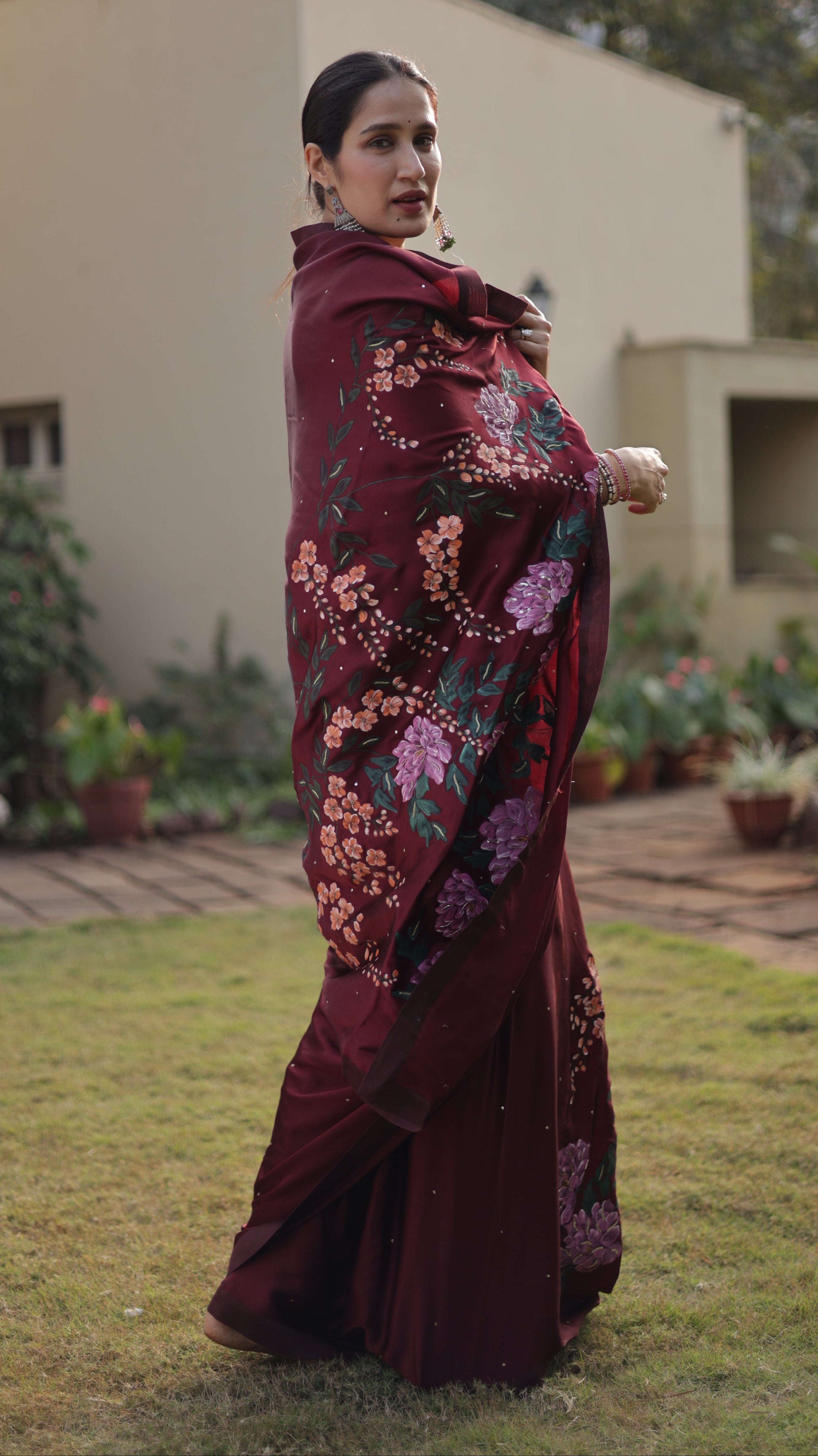 Actor Sagarika Ghatge in our Dark Red Satin-Crepe Saree