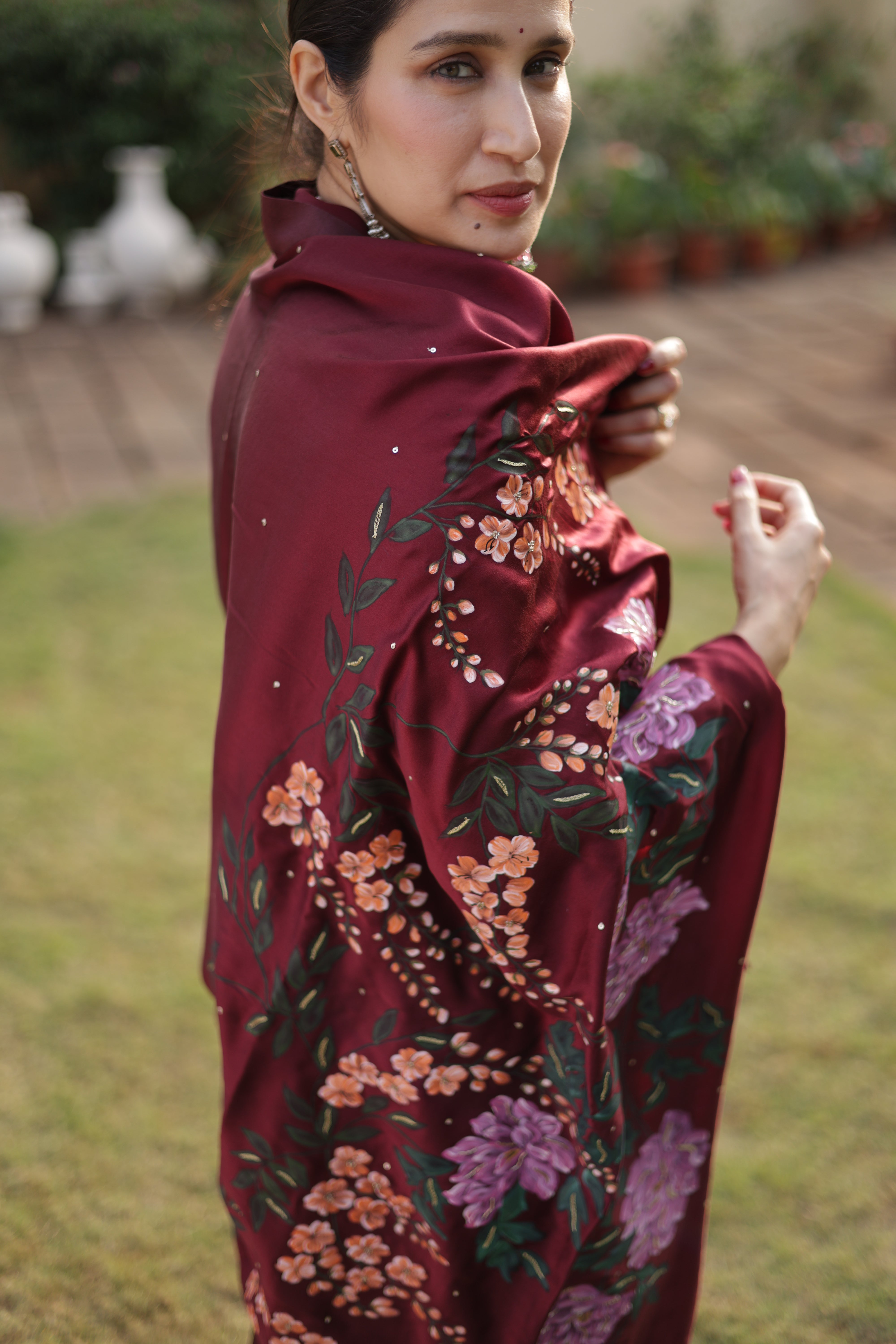 Actor Sagarika Ghatge in our Dark Red Satin-Crepe Saree