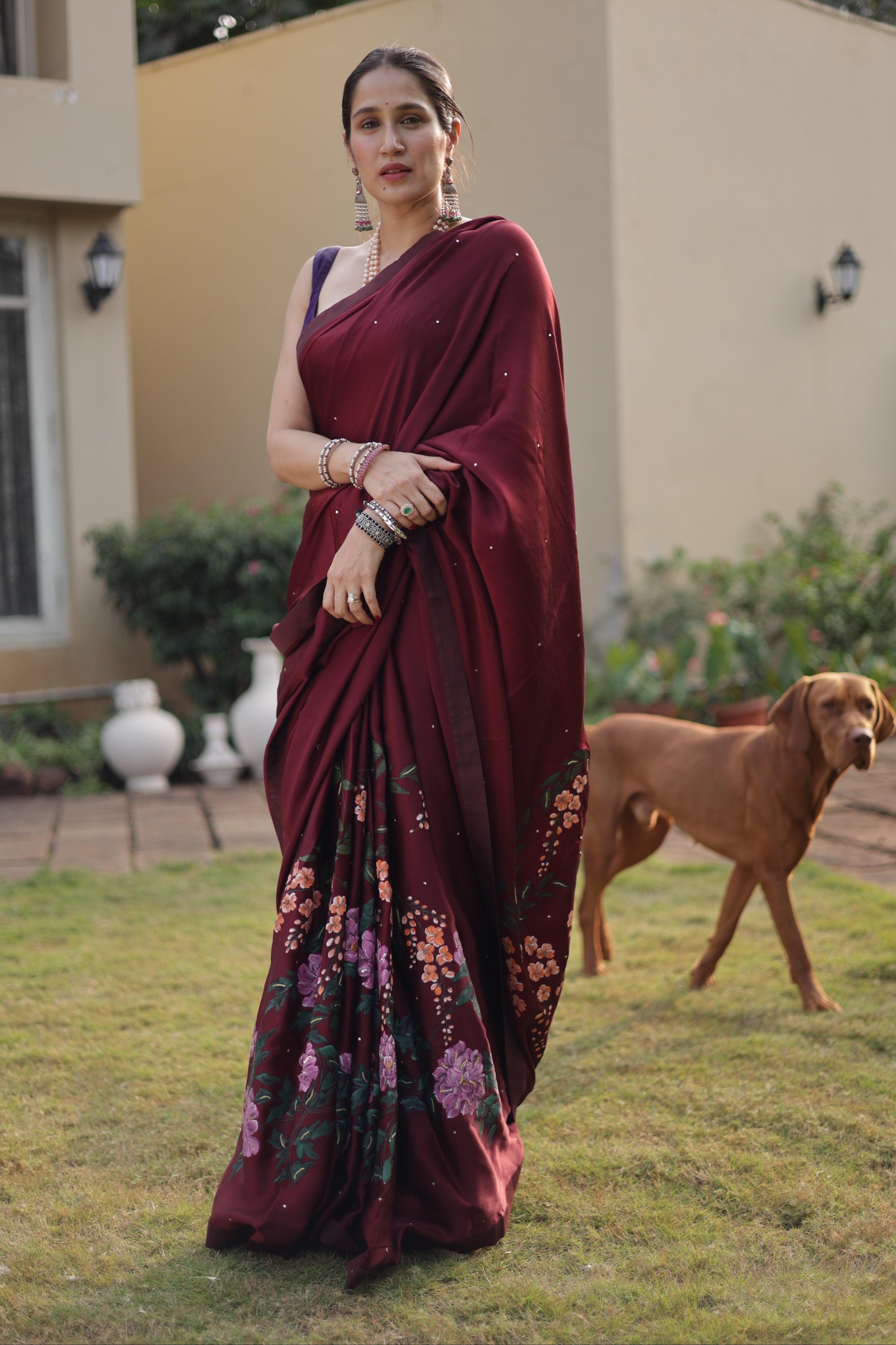 Actor Sagarika Ghatge in our Dark Red Satin-Crepe Saree