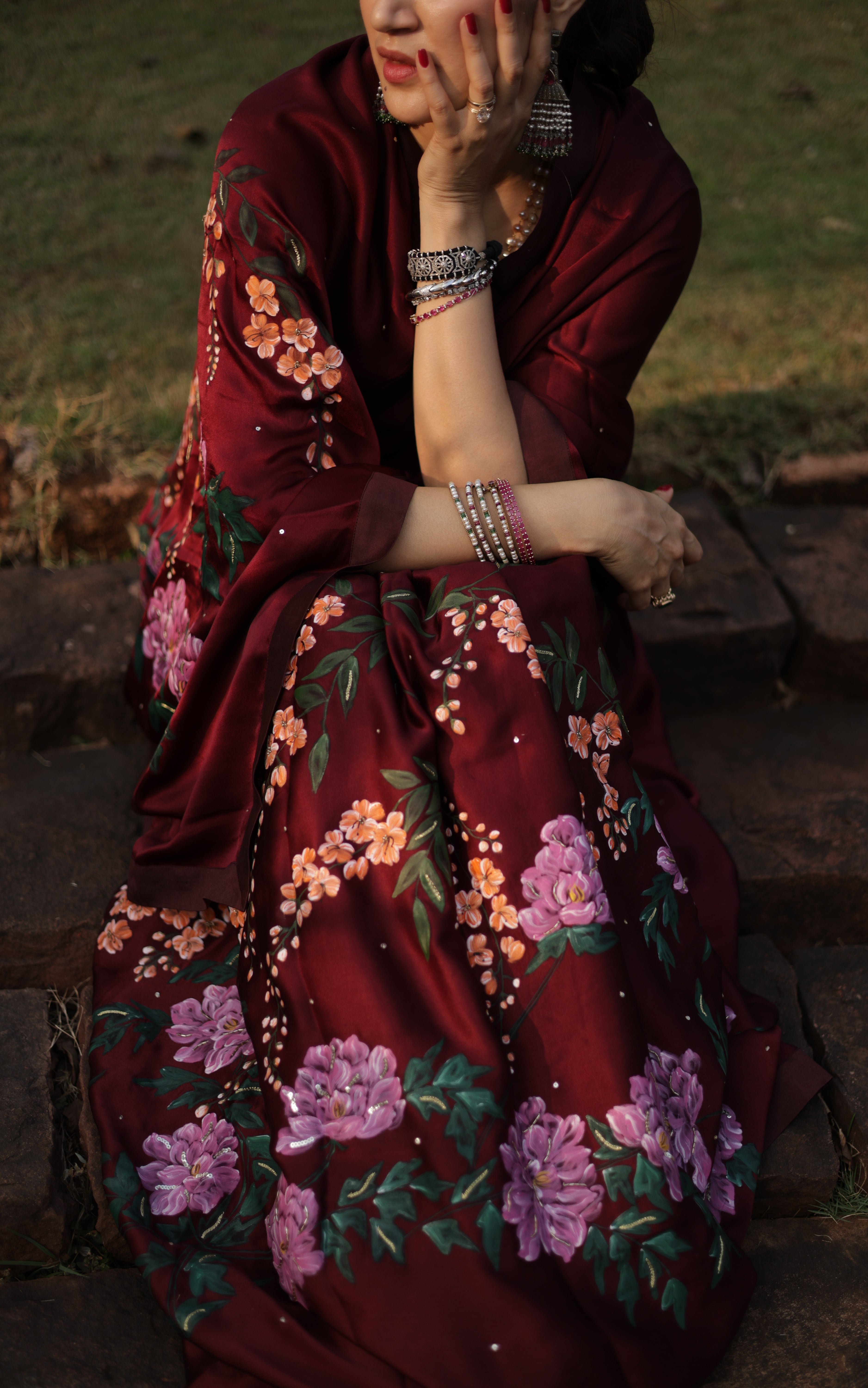 Actor Sagarika Ghatge in our Dark Red Satin-Crepe Saree