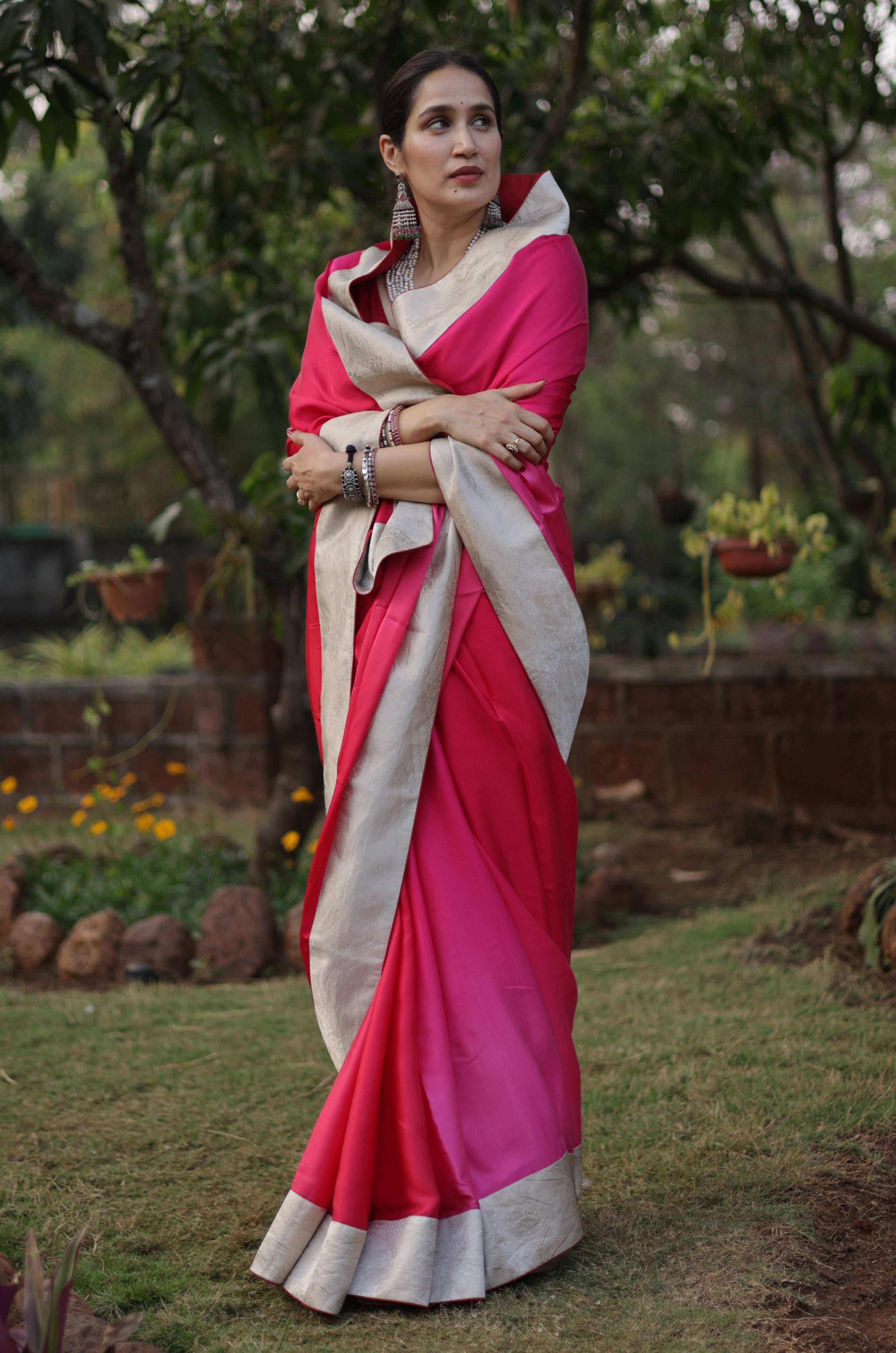 Actor Sagarika Z Ghatge in Dark Pink Satin Crepe Saree