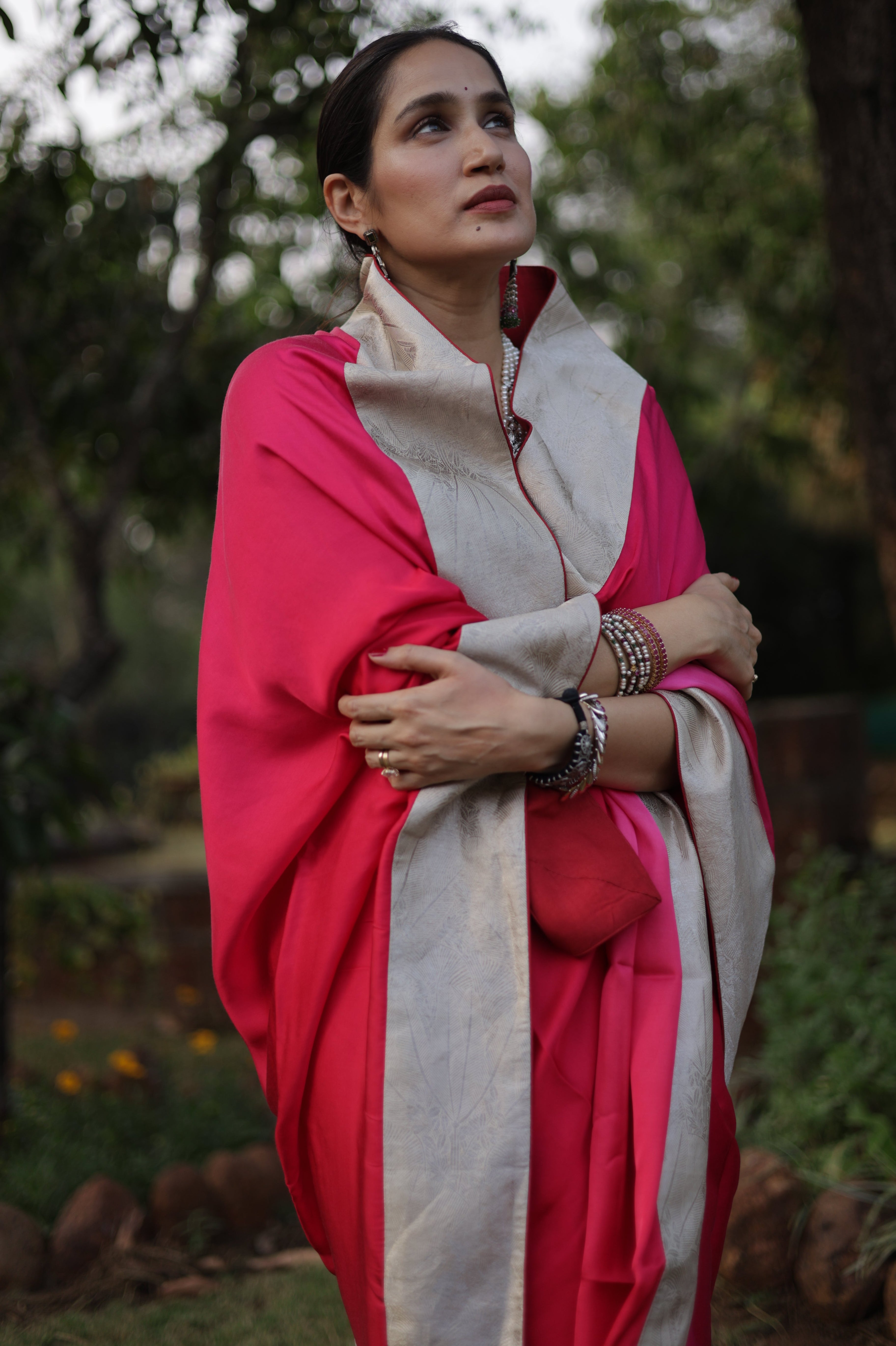 Actor Sagarika Z Ghatge in Dark Pink Satin Crepe Saree