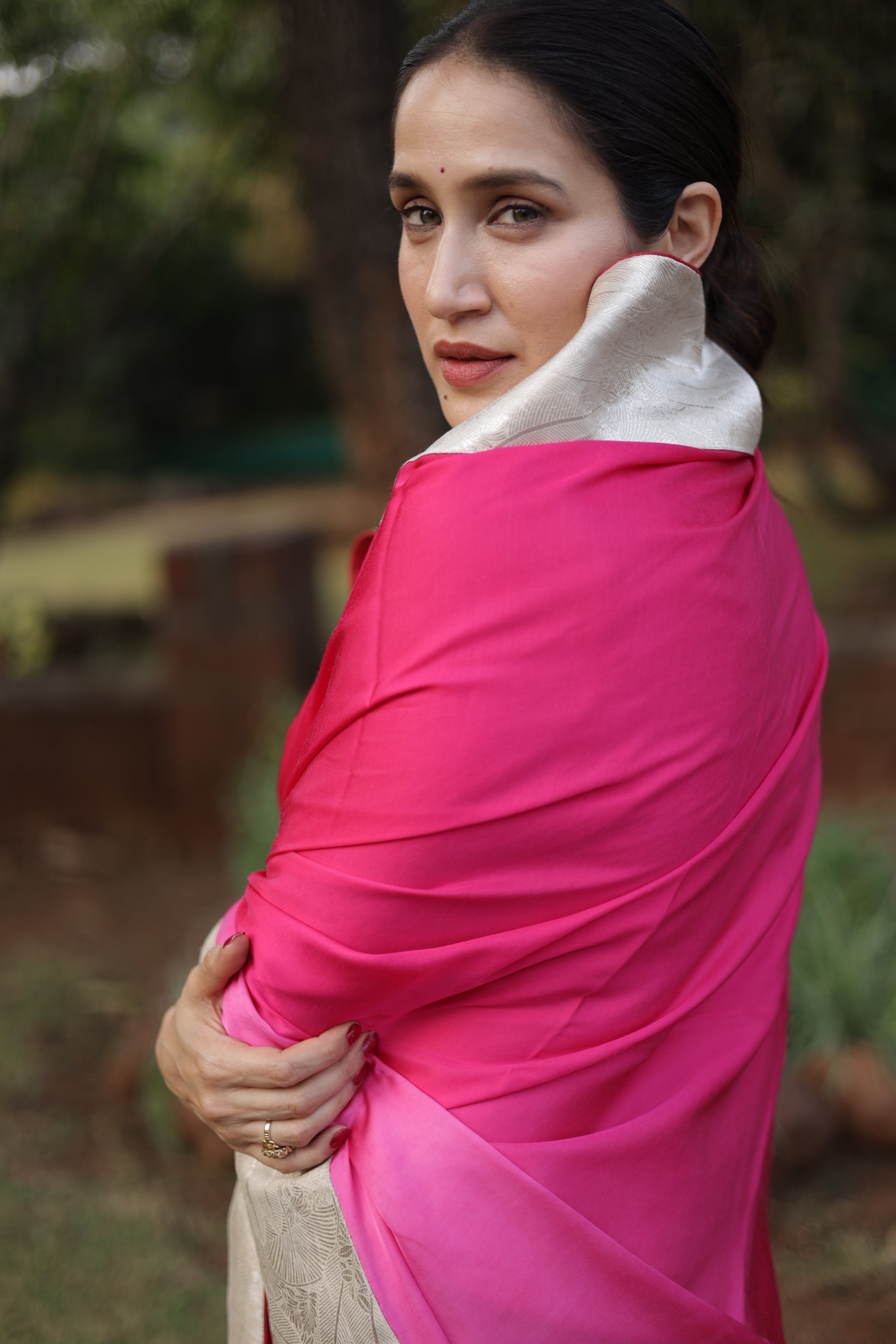 Actor Sagarika Z Ghatge in Dark Pink Satin Crepe Saree