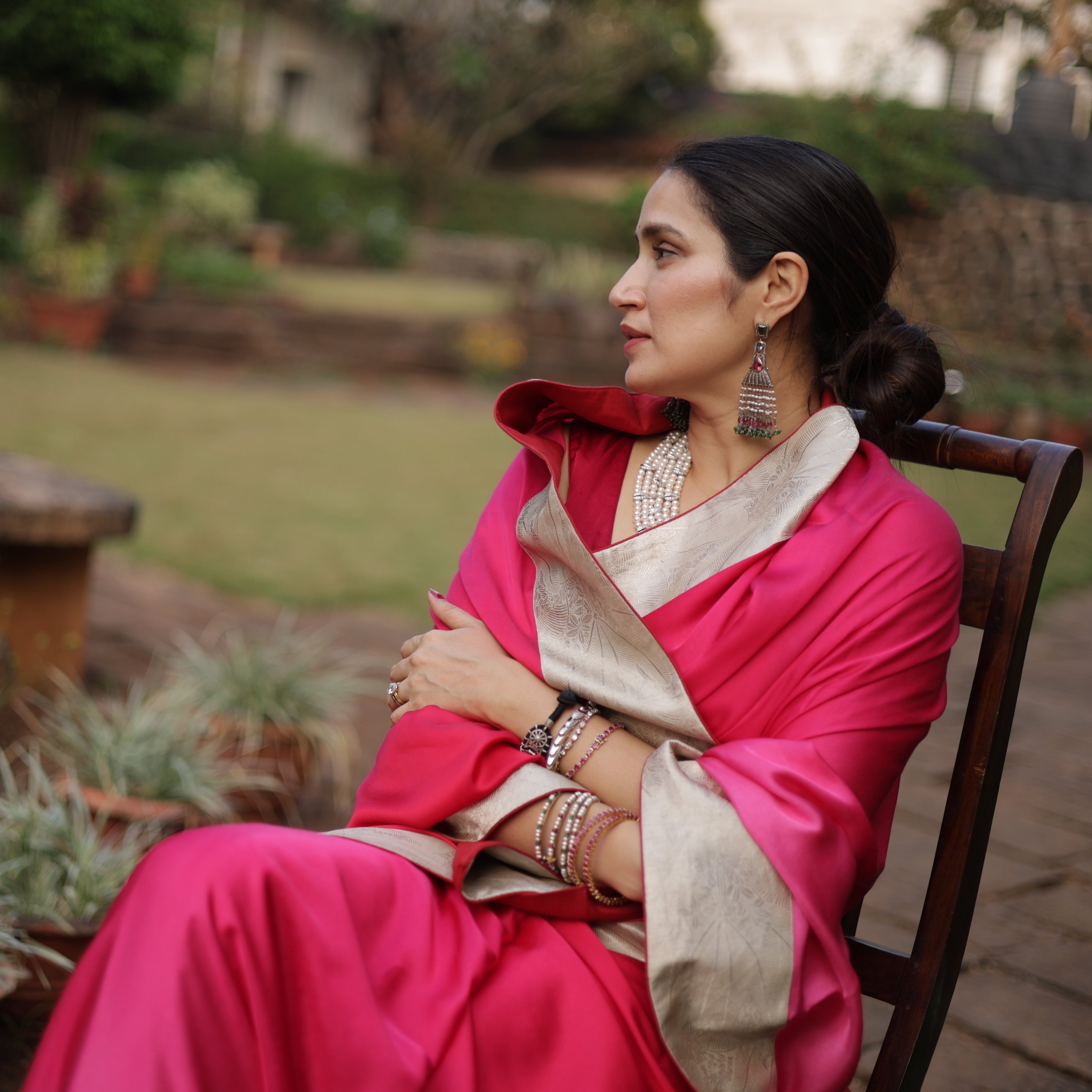 Actor Sagarika Z Ghatge in Dark Pink Satin Crepe Saree