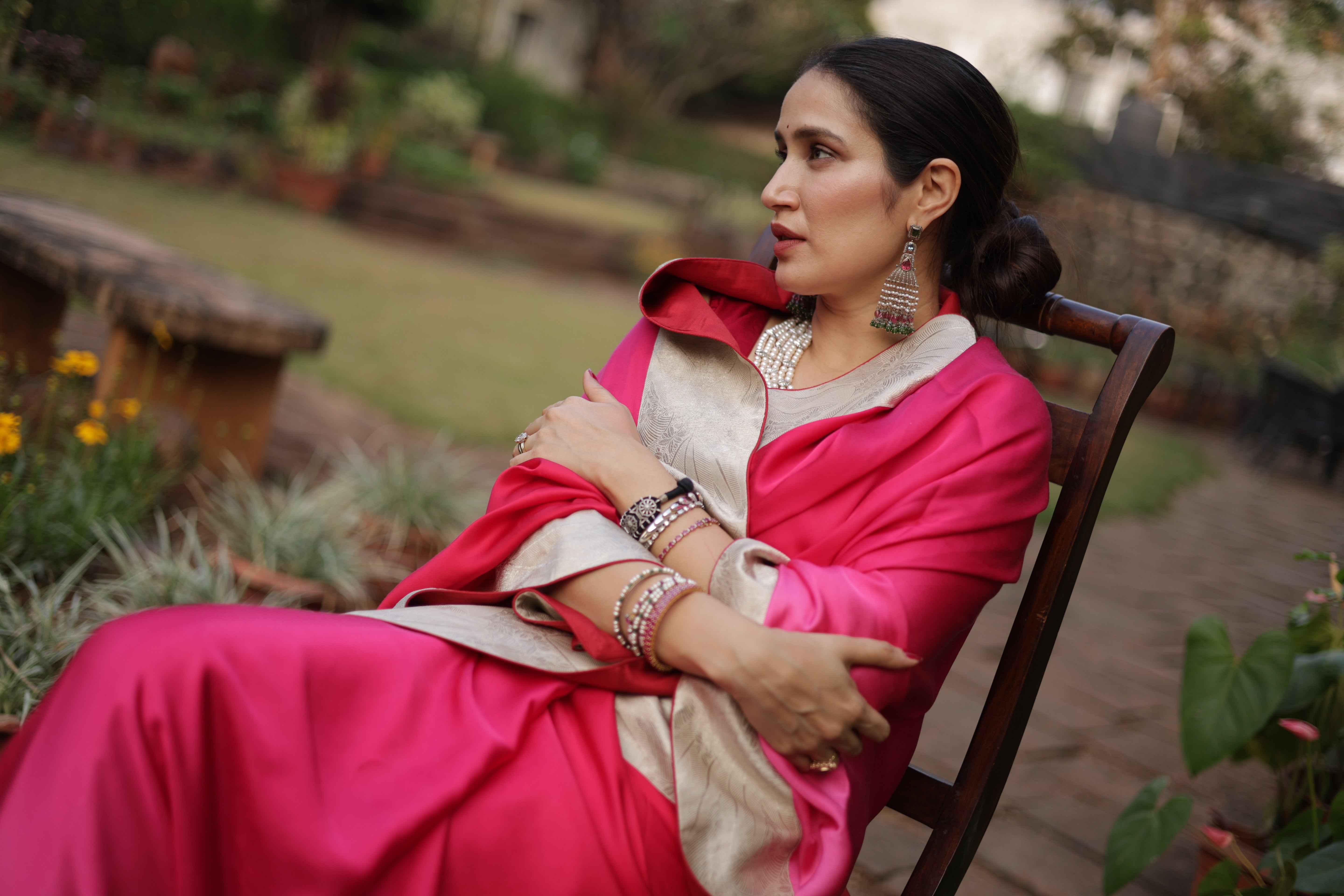 Actor Sagarika Z Ghatge in Dark Pink Satin Crepe Saree