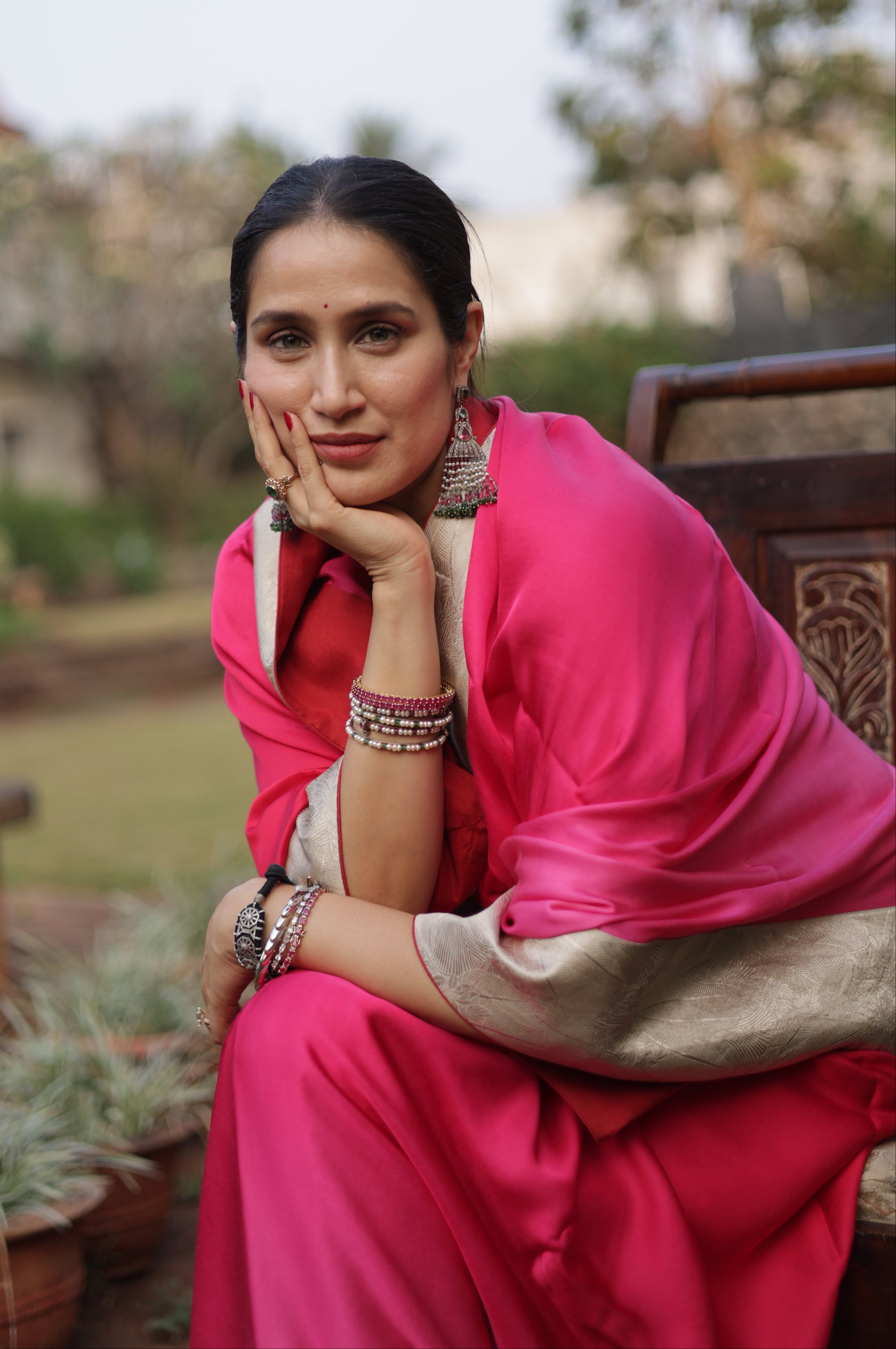 Actor Sagarika Z Ghatge in Dark Pink Satin Crepe Saree