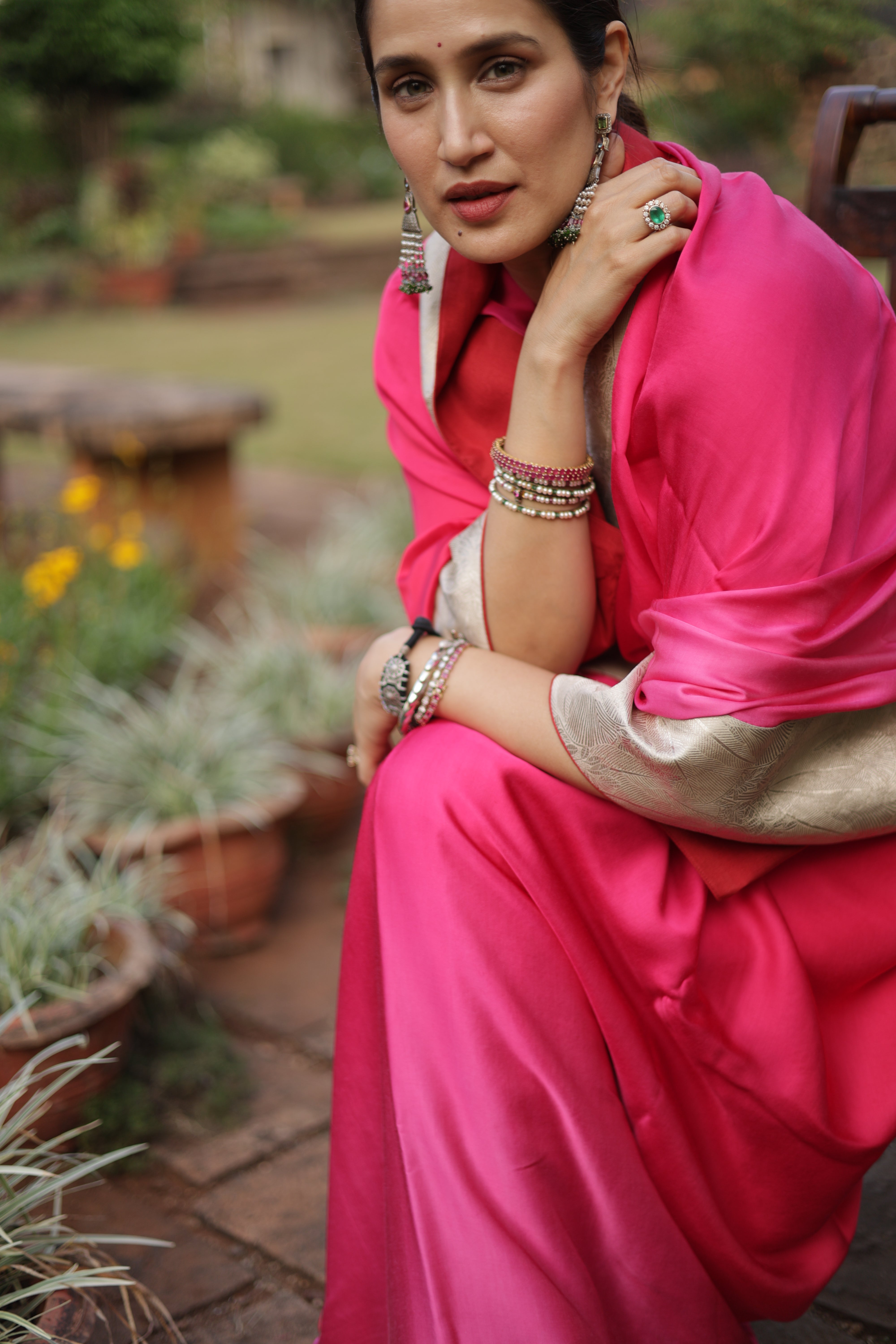 Actor Sagarika Z Ghatge in Dark Pink Satin Crepe Saree