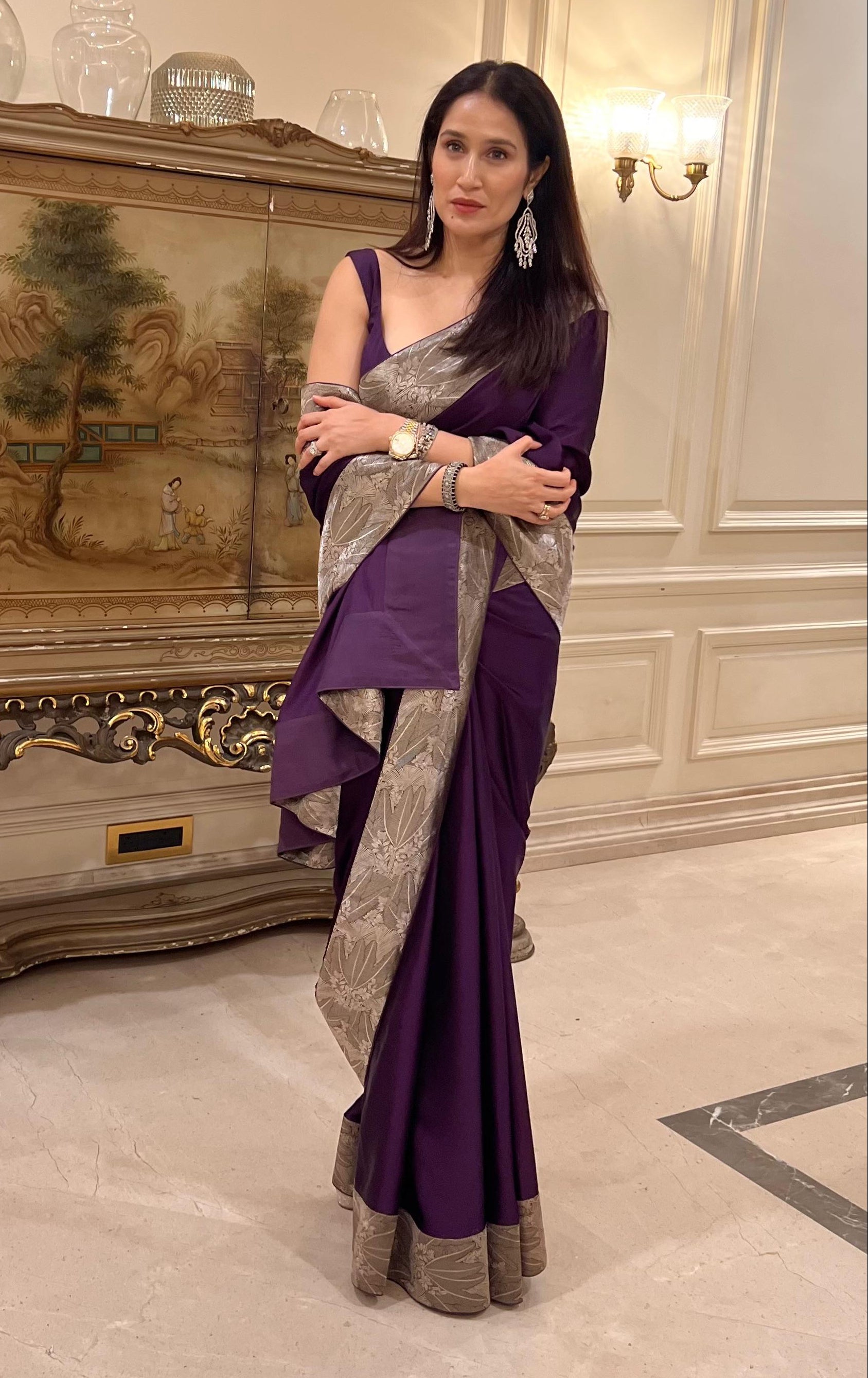 Actor Sagarika Z Ghatge in Vintage Purple Satin-Crepe Saree