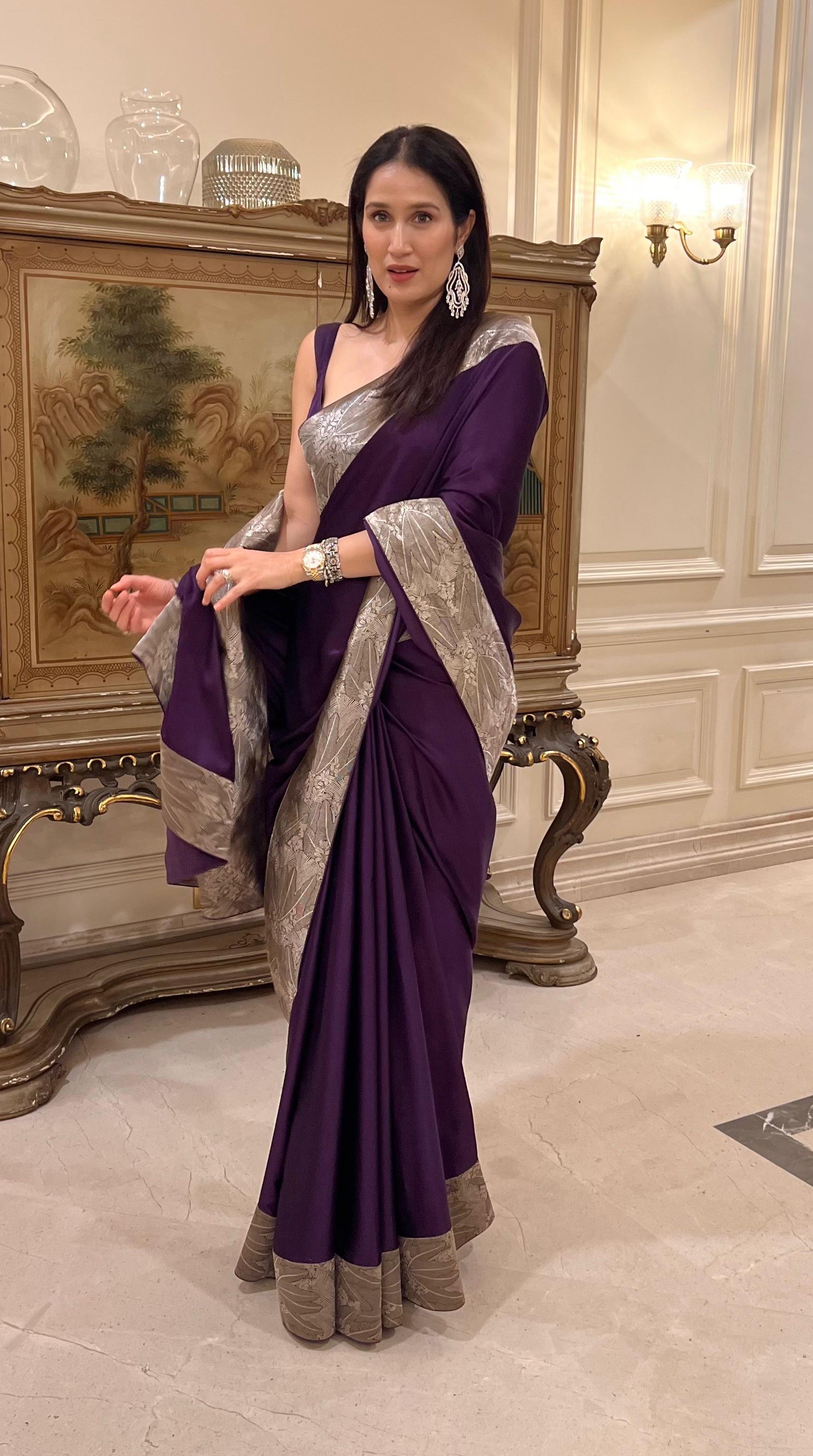 Actor Sagarika Z Ghatge in Vintage Purple Satin-Crepe Saree