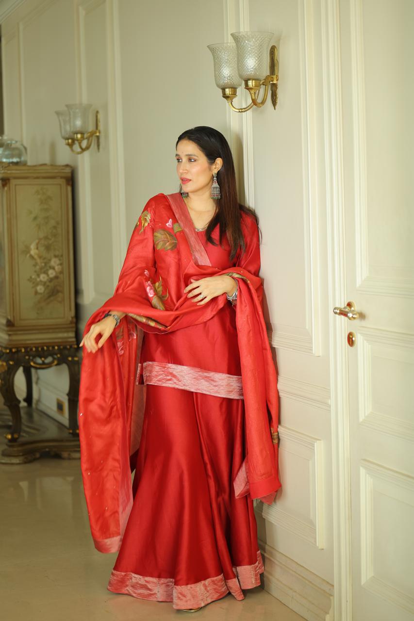 Actor Sagarika Ghatge in our Hand-Painted Dark-Red Sharara