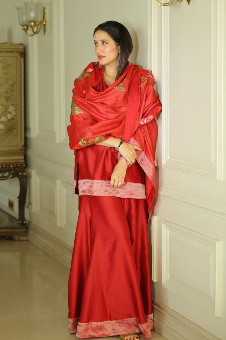 Actor Sagarika Ghatge in our Hand-Painted Dark-Red Sharara