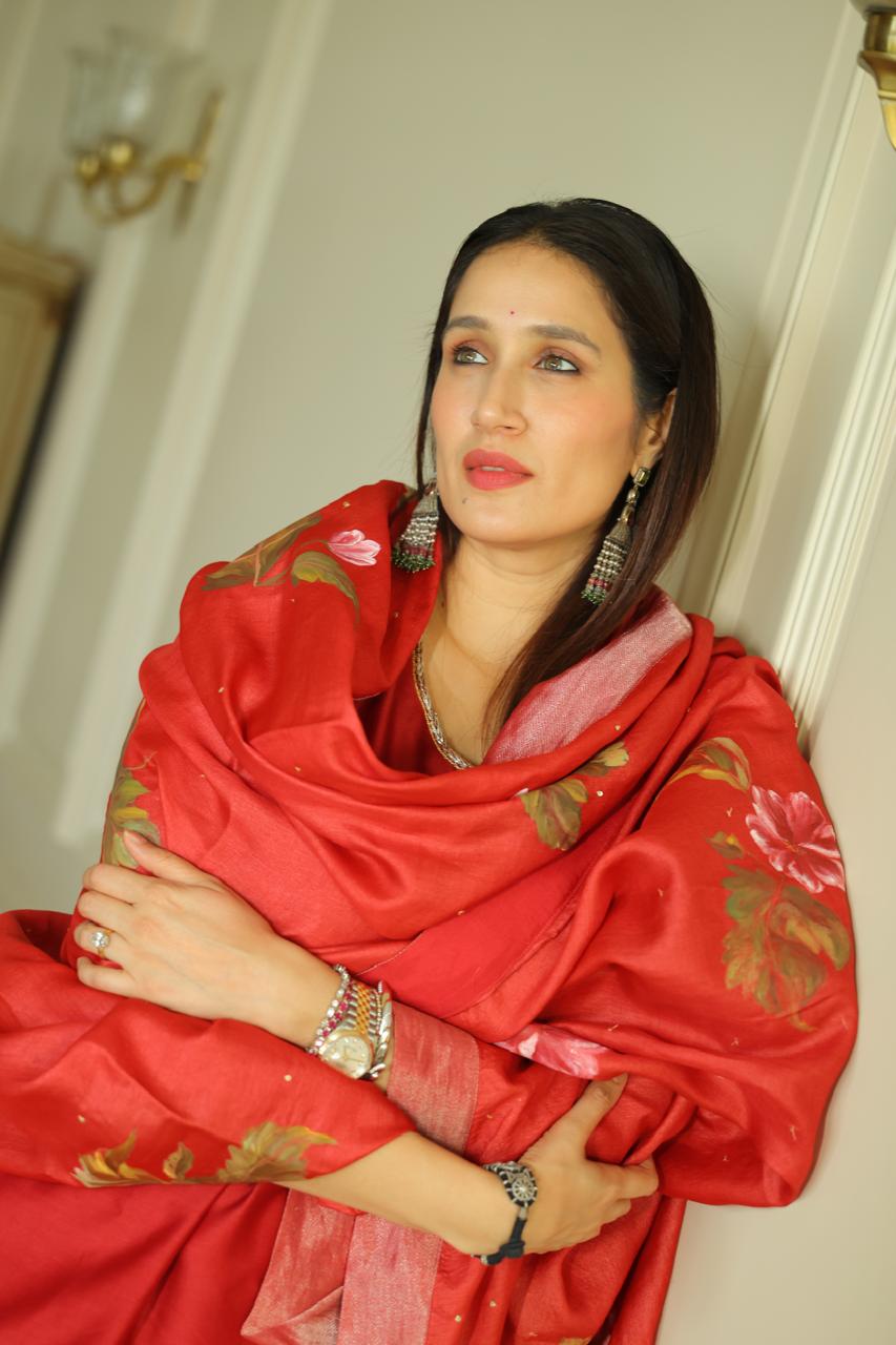 Actor Sagarika Ghatge in our Hand-Painted Dark-Red Sharara