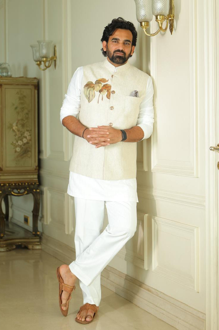 Cricket Legend Zaheer Khan in Beige Hand-Painted Bandhgala