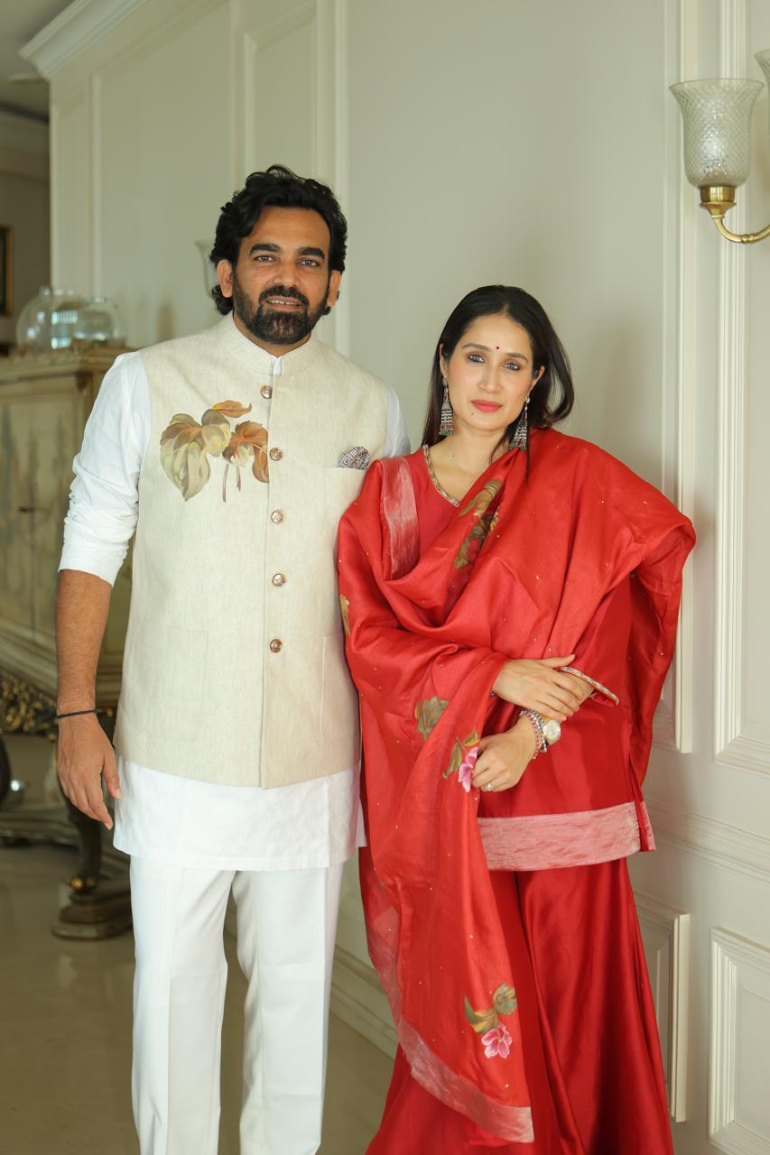 Actor Sagarika Ghatge in our Hand-Painted Dark-Red Sharara