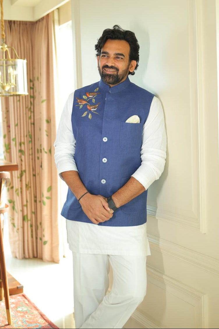 Cricket Legend Zaheer Khan in Blue Hand-Painted Bandhgala