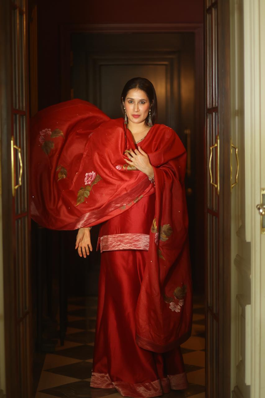 Actor Sagarika Ghatge in our Hand-Painted Dark-Red Sharara