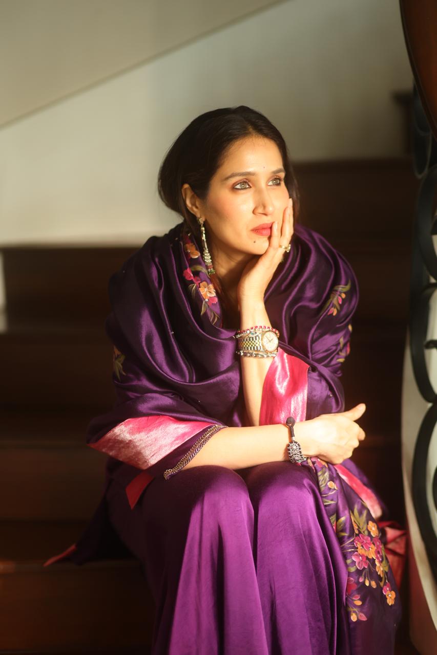 Actor Sagarika Ghatge in our Hand-Painted Purple Sharara