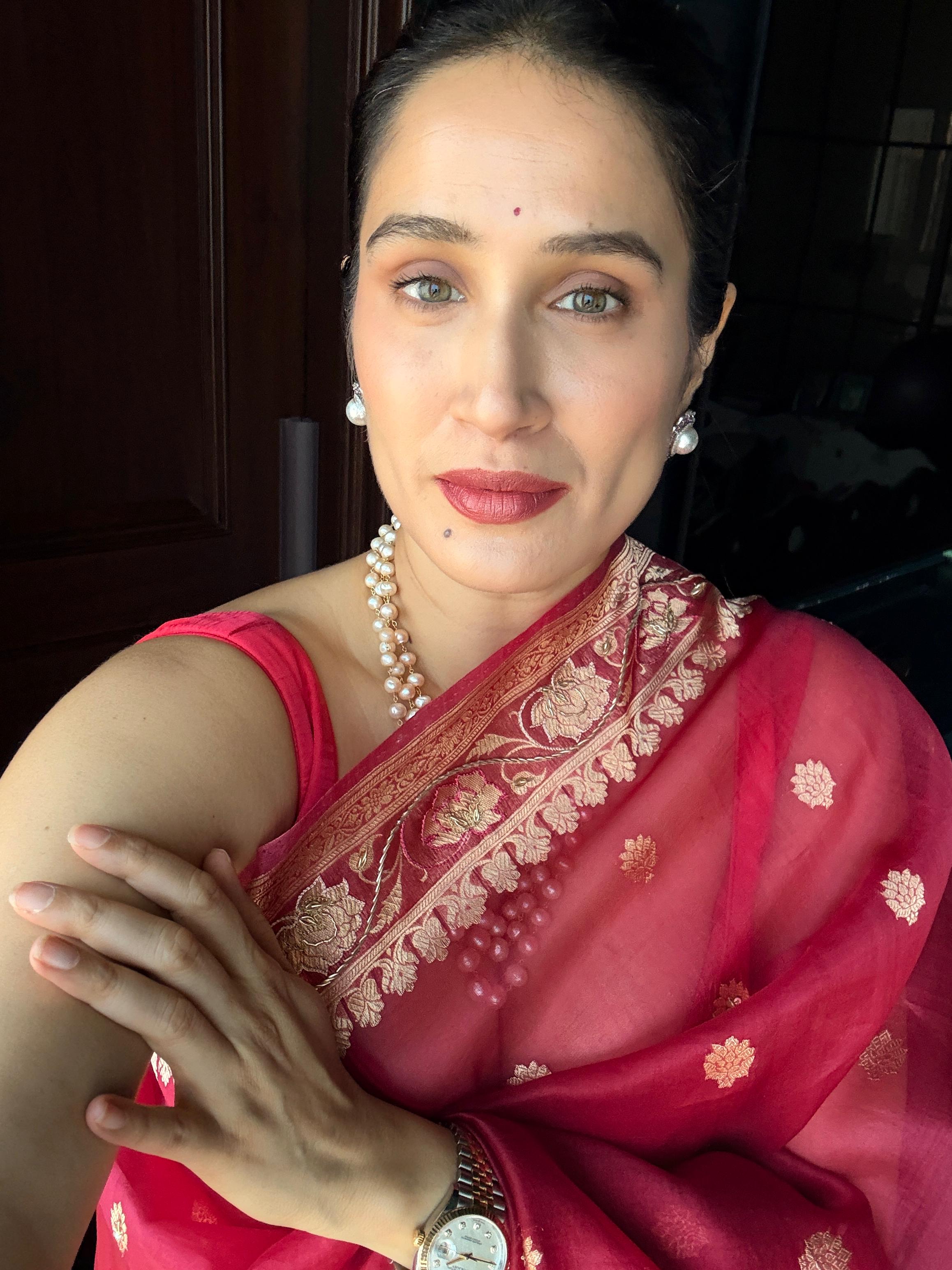 Actor Sagarika Z Ghatge in our Hand-Embroidered Silk-Organza Saree