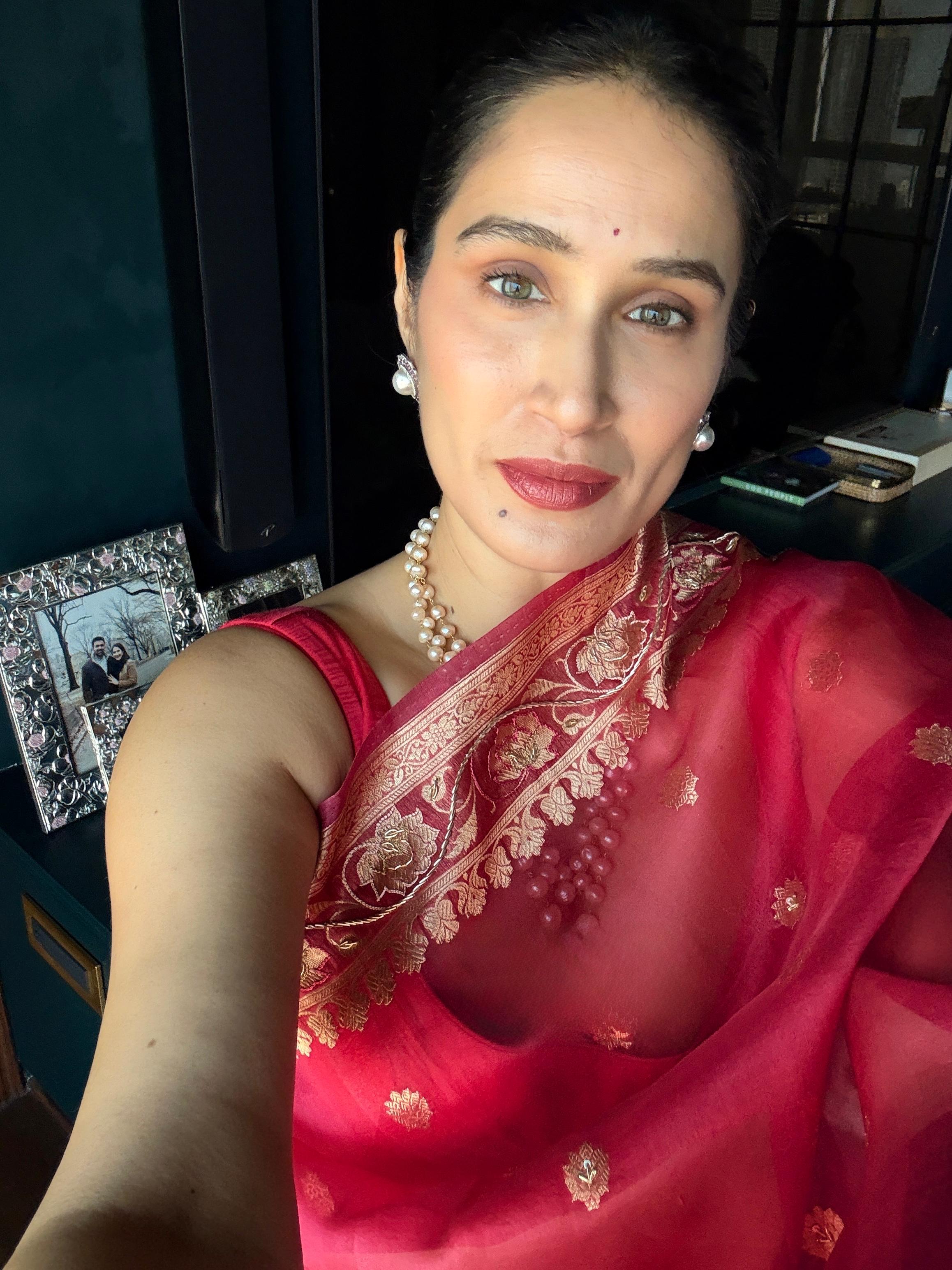 Actor Sagarika Z Ghatge in our Hand-Embroidered Silk-Organza Saree