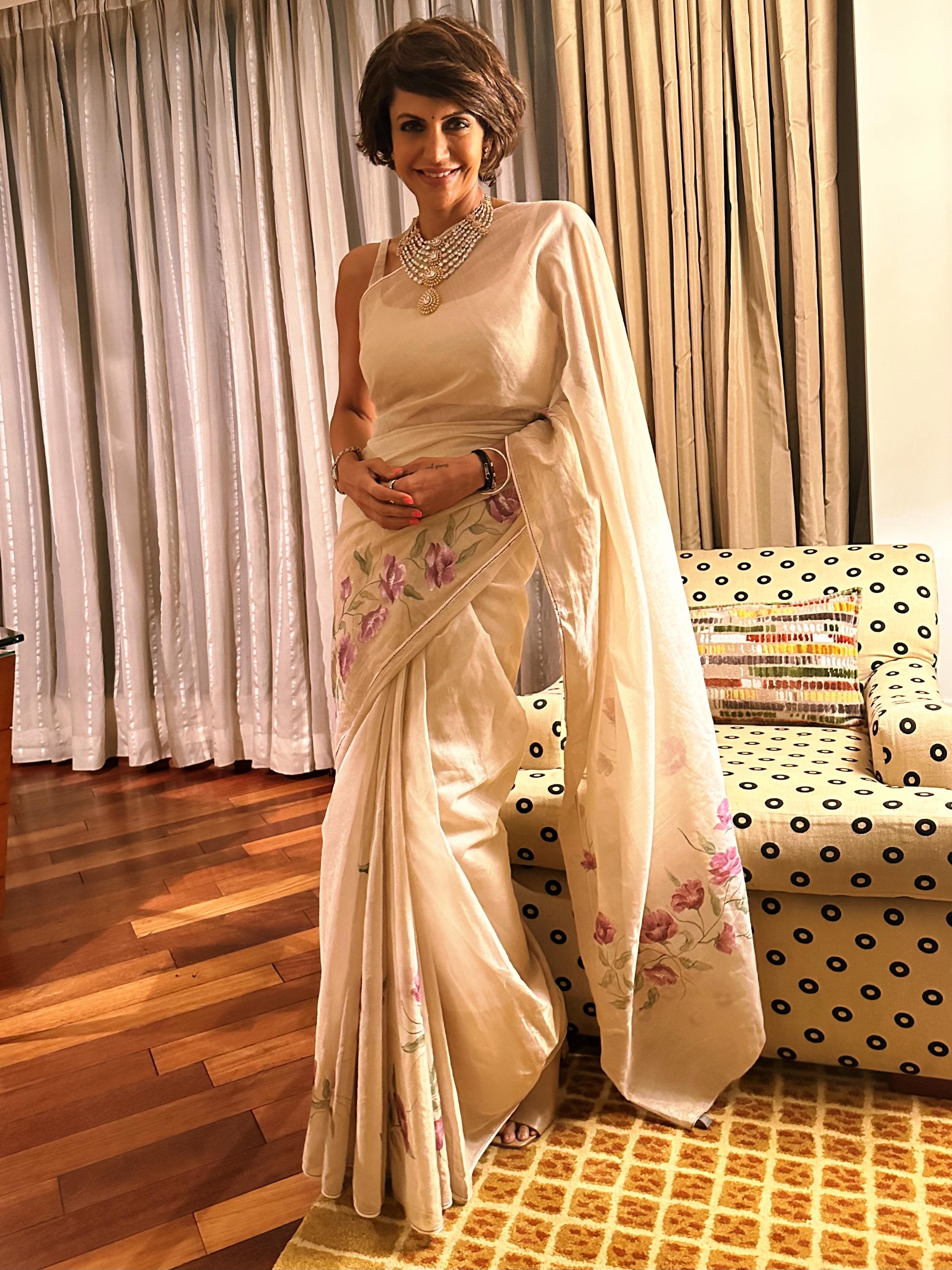 Actor Mandira Bedi in our elegant Hand-Painted Chanderi Saree