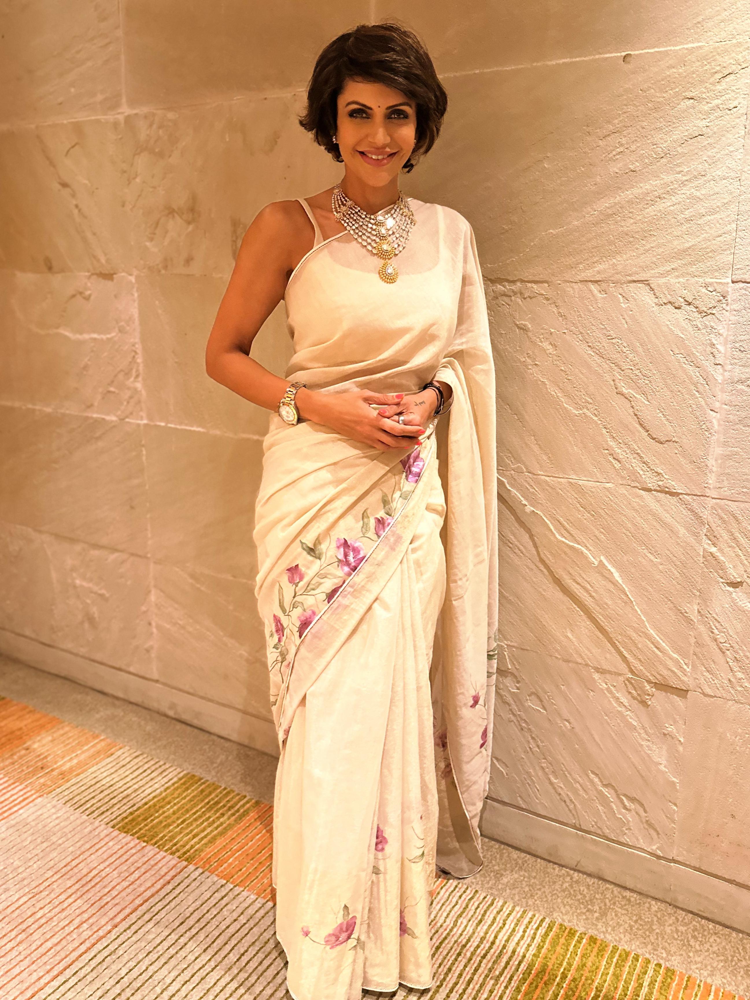 Actor Mandira Bedi in our elegant Hand-Painted Chanderi Saree