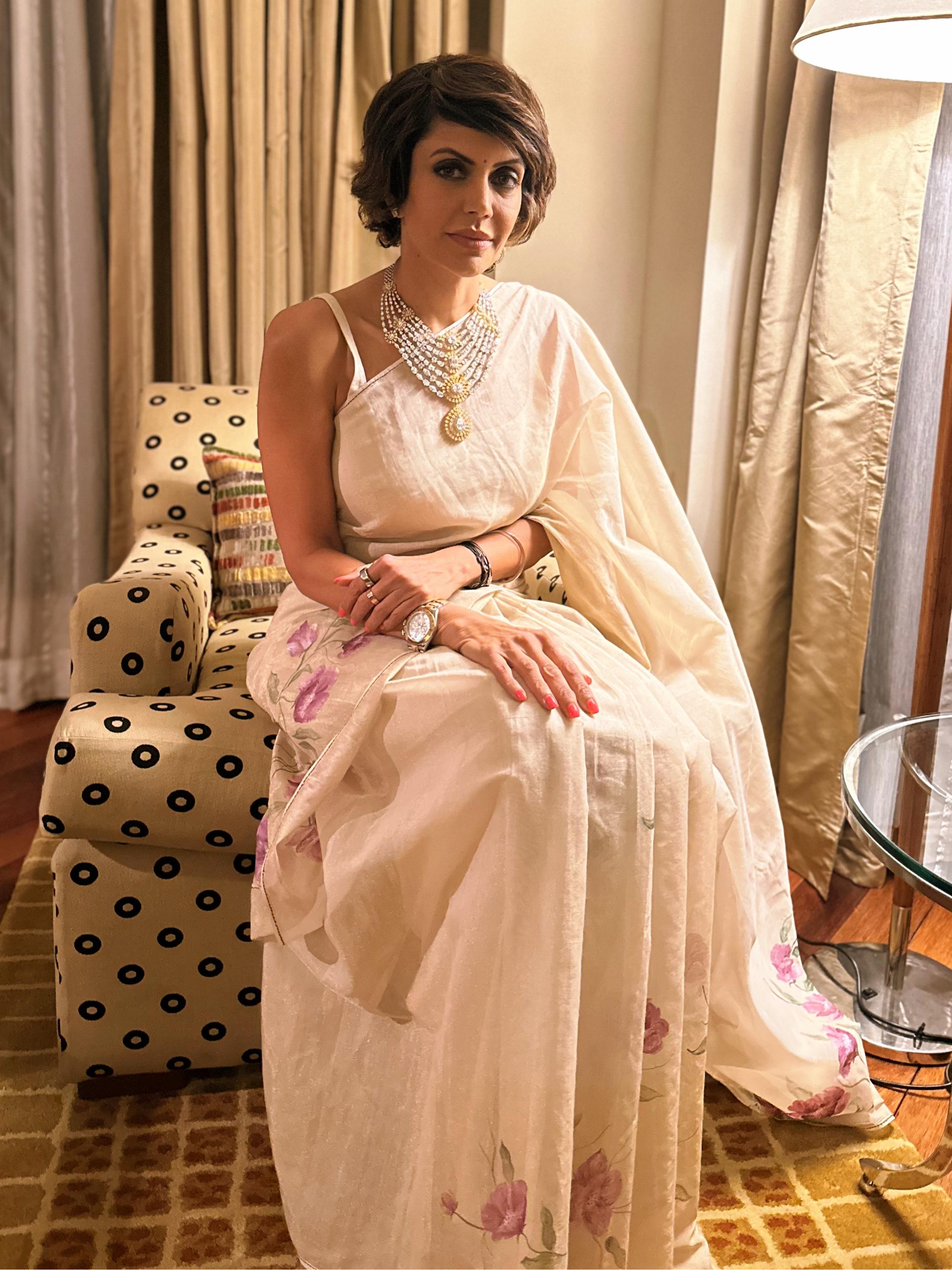 Actor Mandira Bedi in our elegant Hand-Painted Chanderi Saree