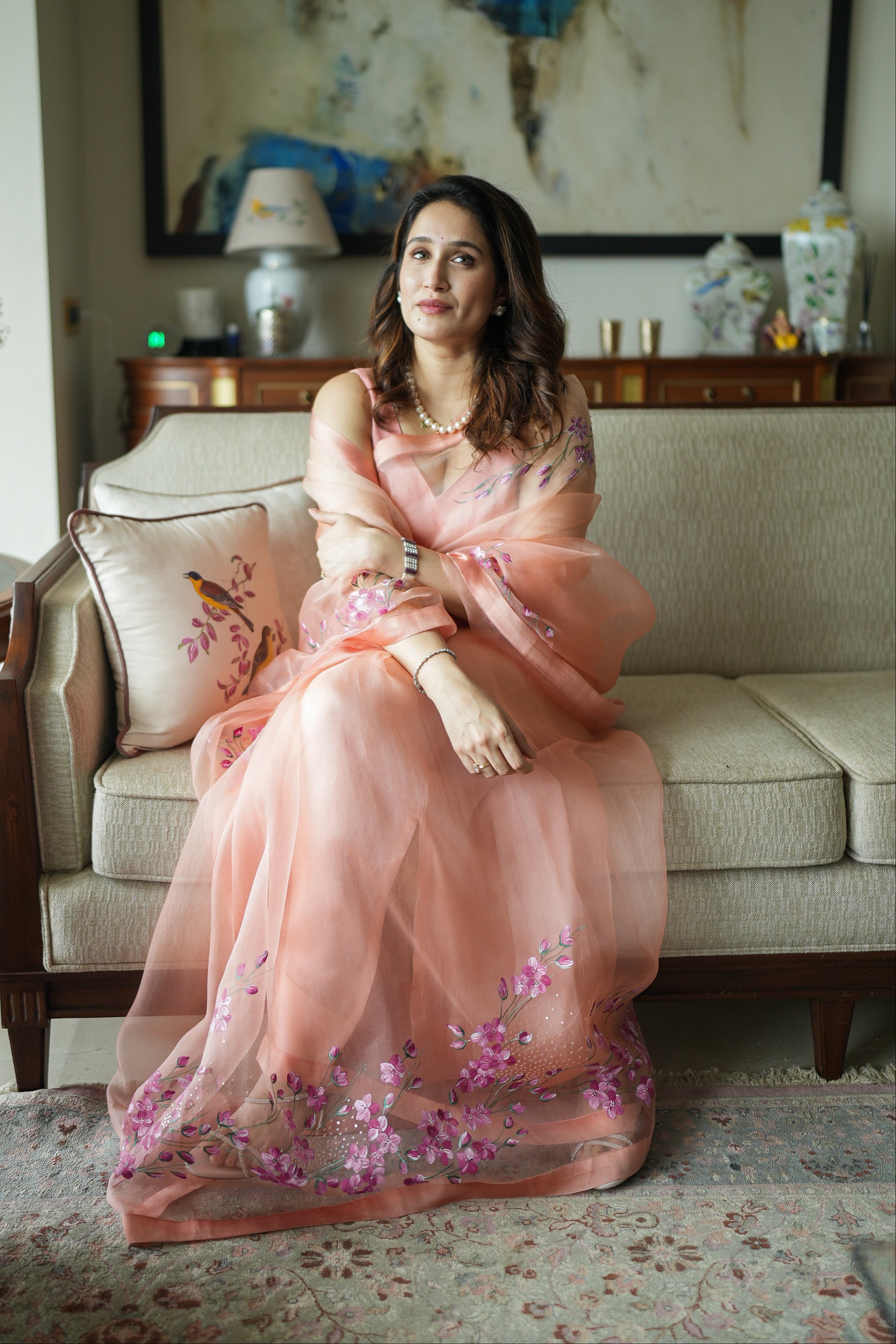 Actor Sagarika Ghatge in our Pink Organza Saree