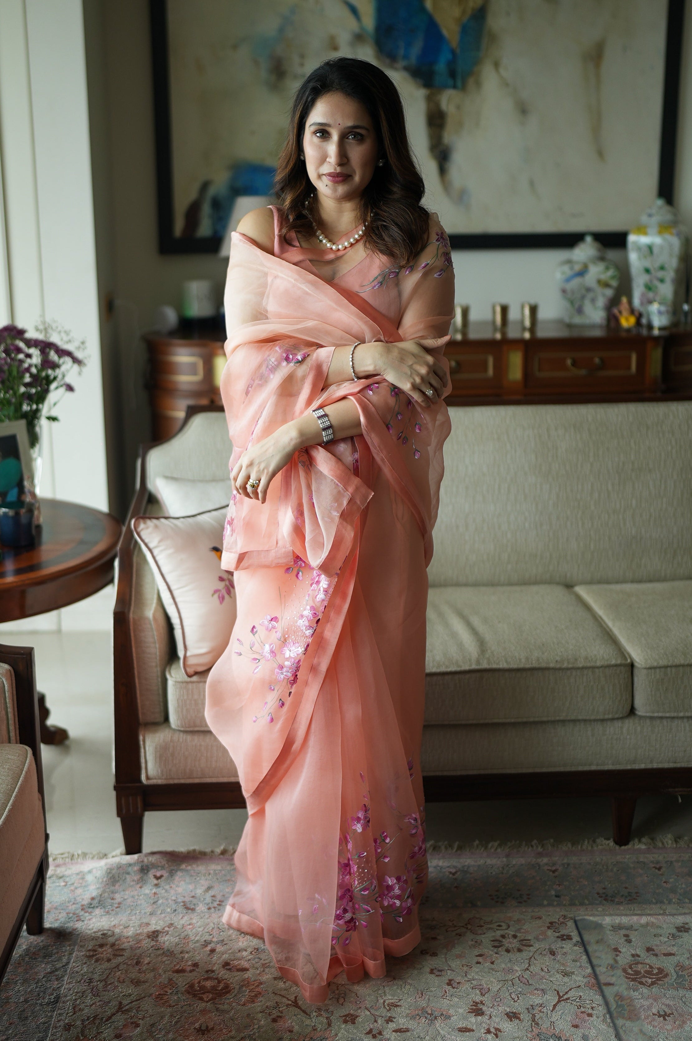 Actor Sagarika Ghatge in our Pink Organza Saree