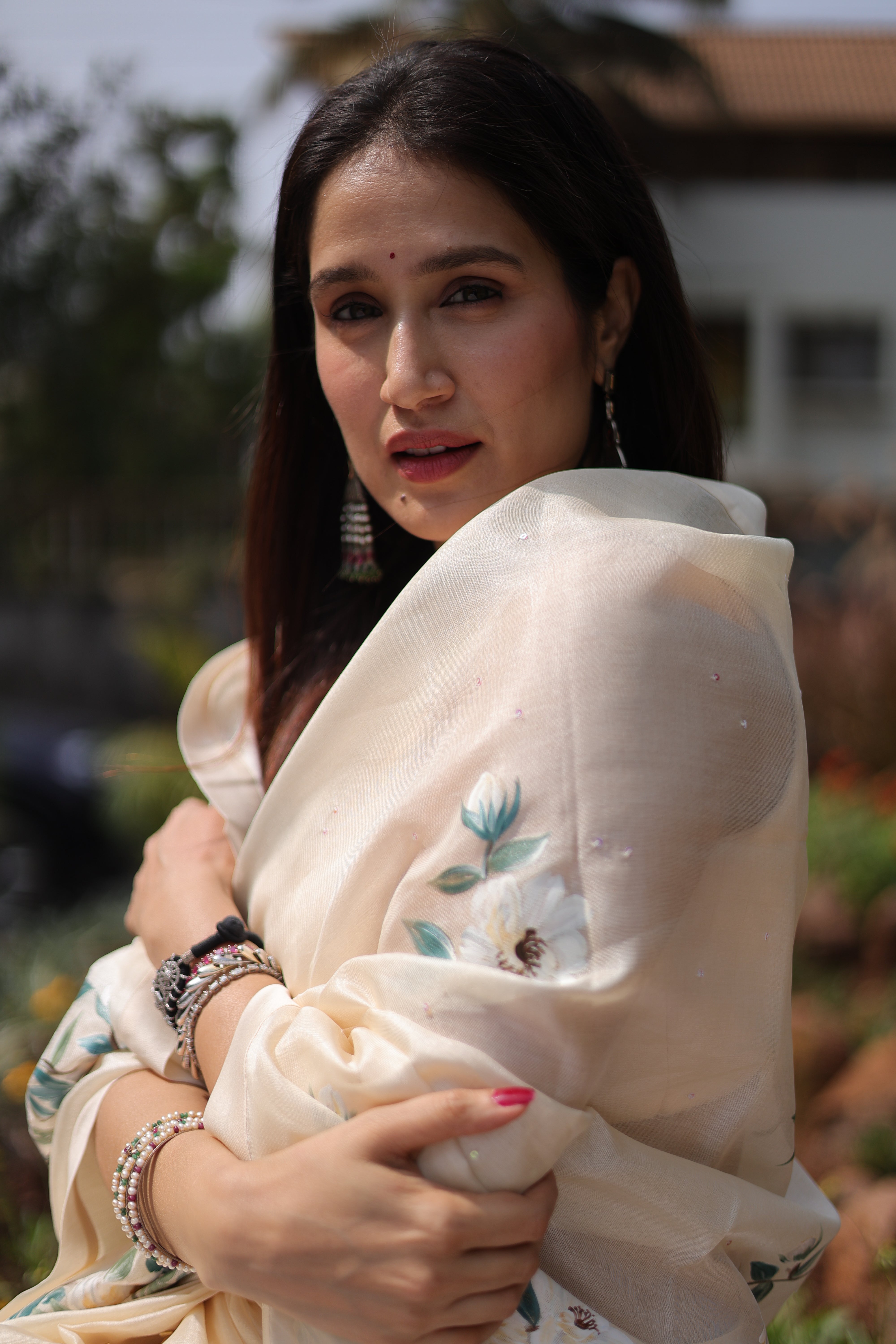Actor Sagarika Ghatge in our Ivory White Tussar Silk Saree
