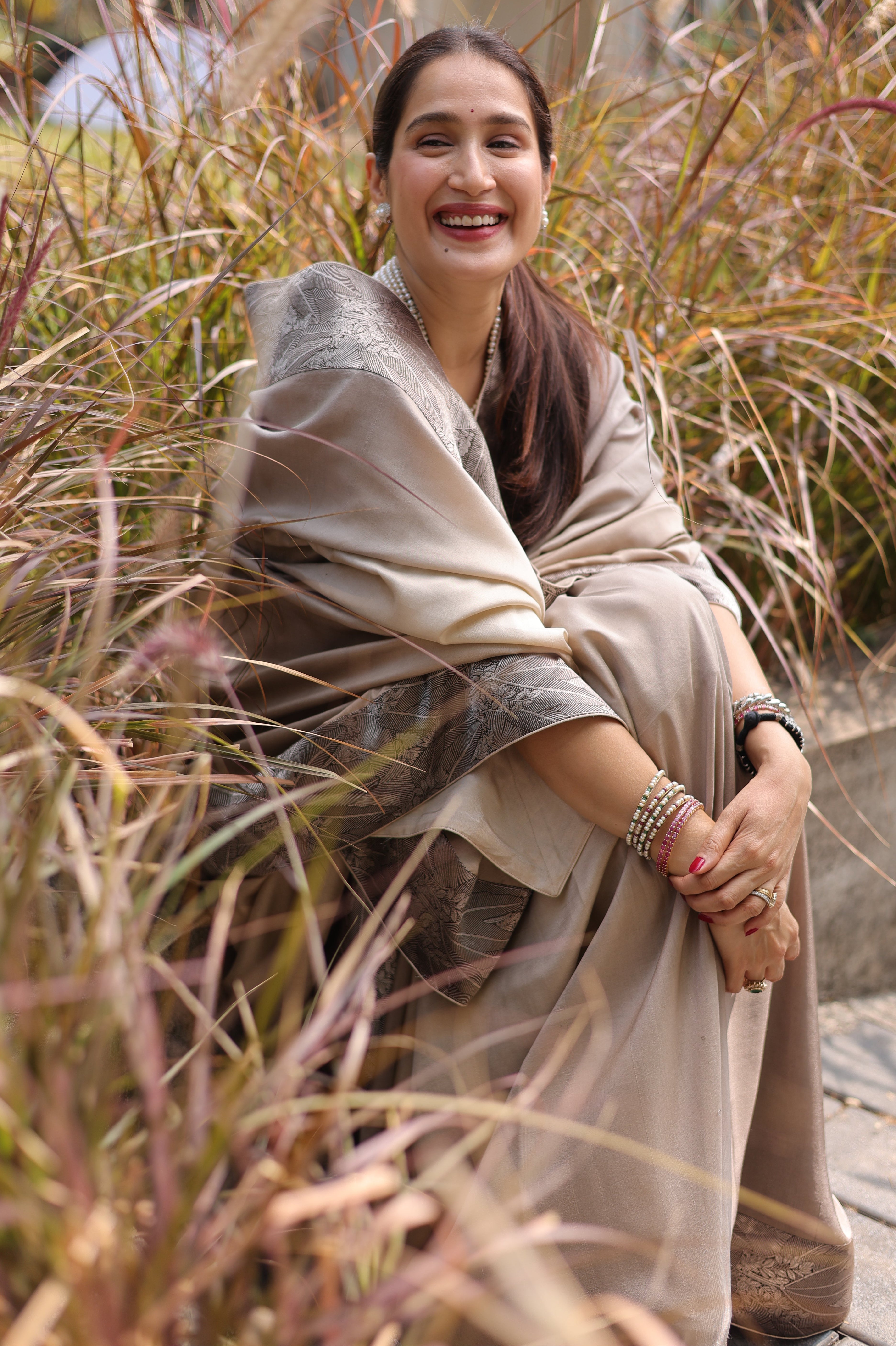 Actor Sagarika Z Ghatge in Grey Satin-Crepe Saree