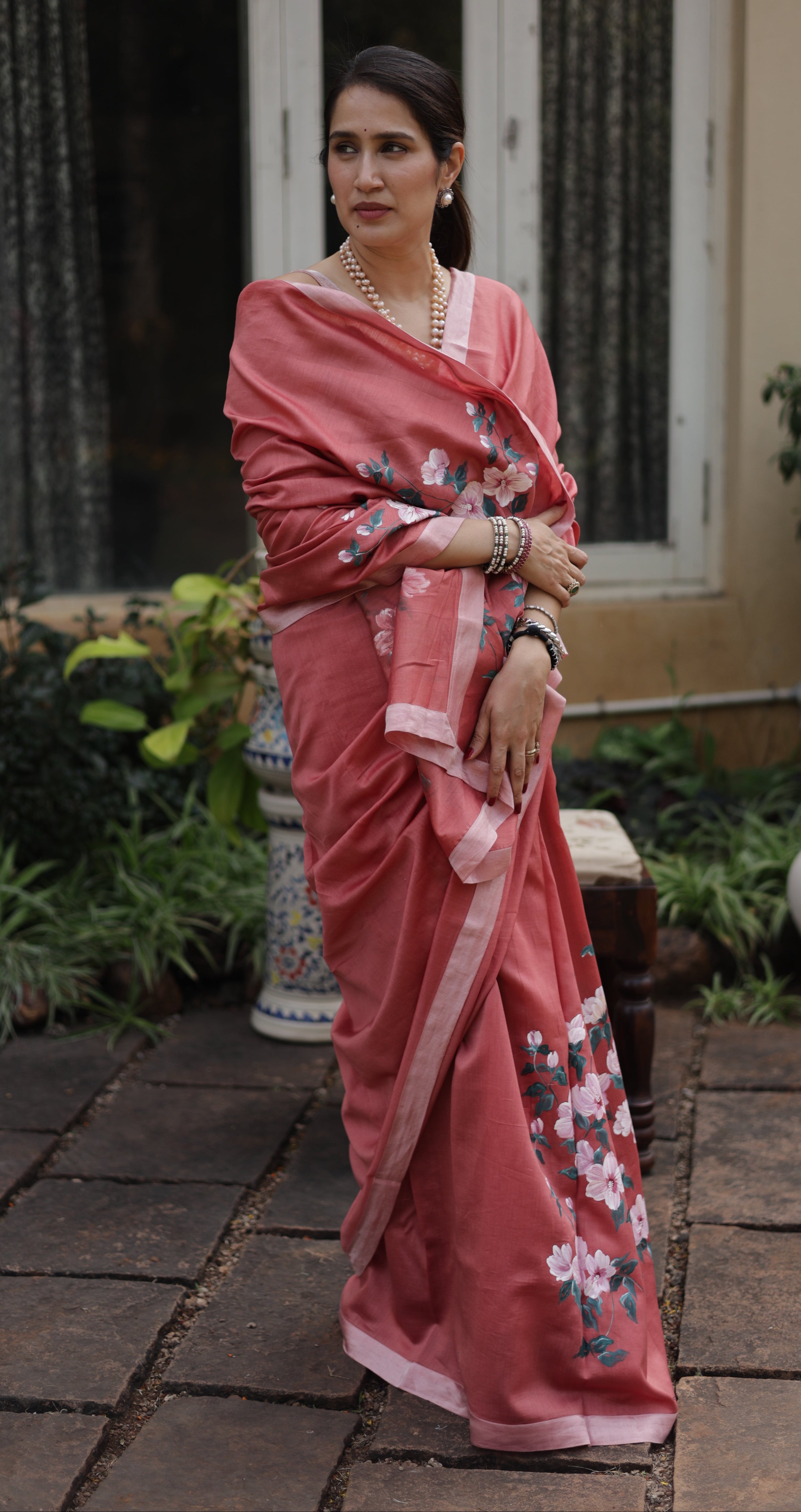 Actor Sagarika Ghatge in our Light Red Chanderi-Silk Saree