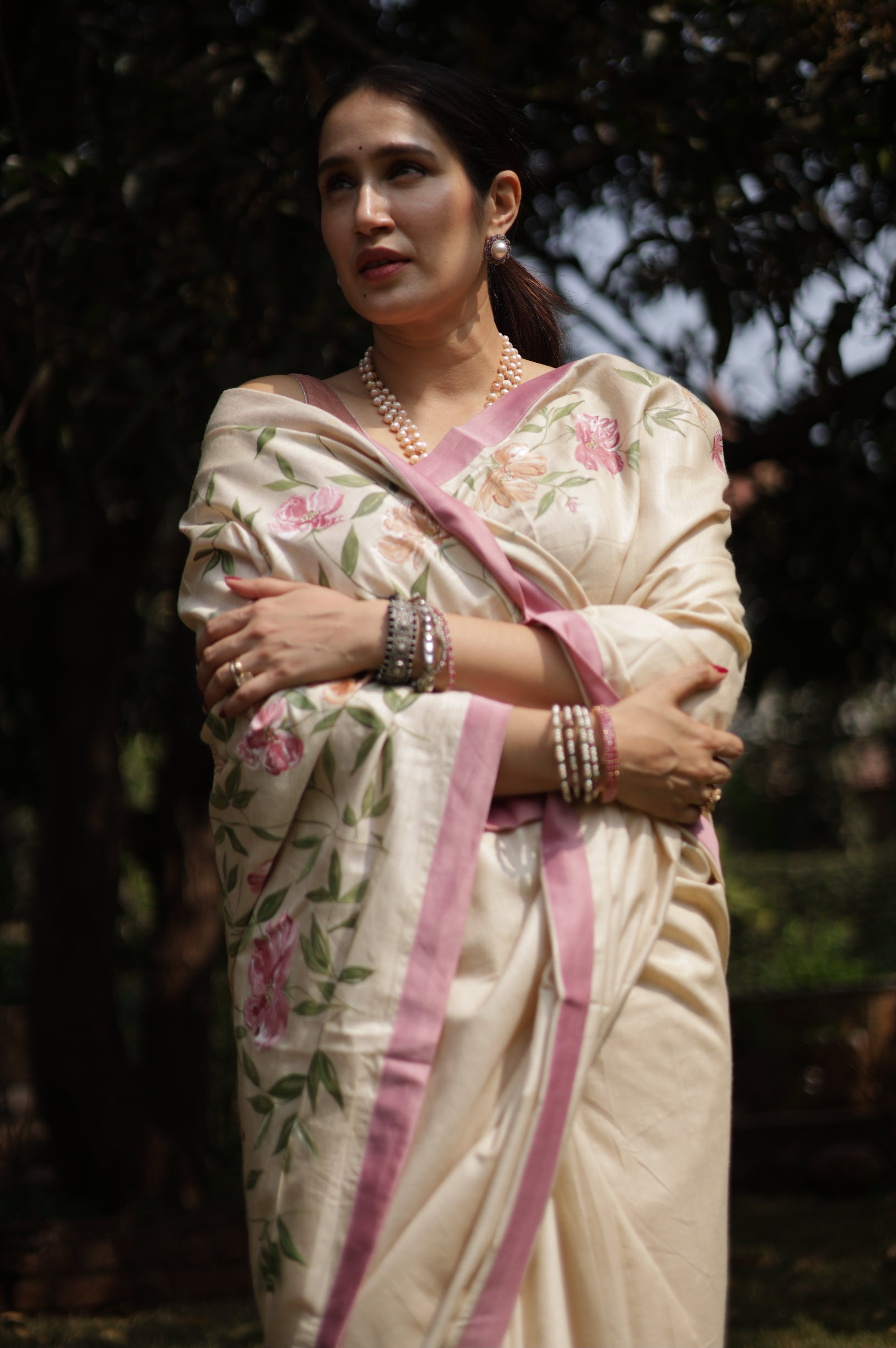 Actor Sagarika Ghatge in our Cream-White Tussar Silk Saree
