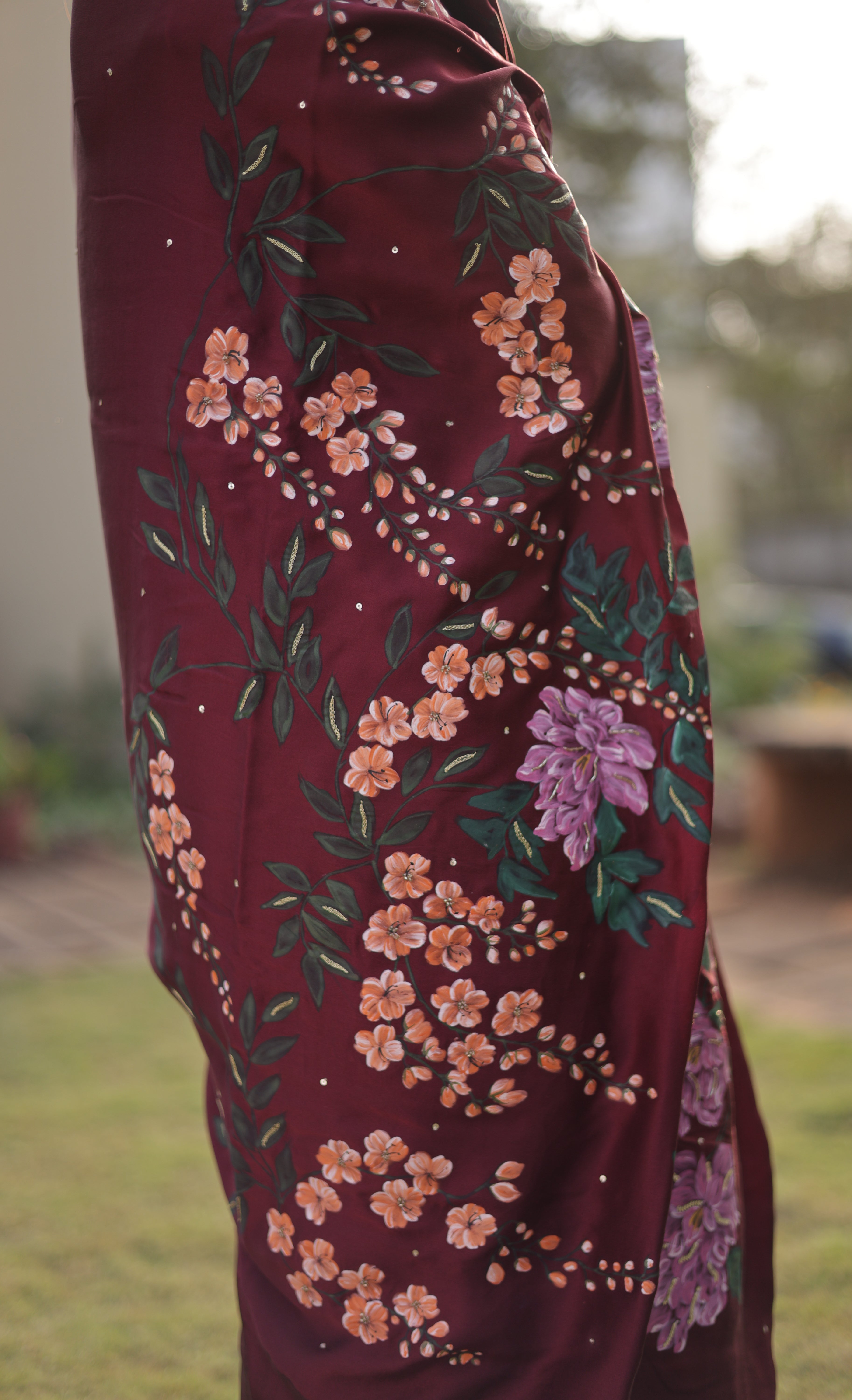 Actor Sagarika Ghatge in our Dark Red Satin-Crepe Saree
