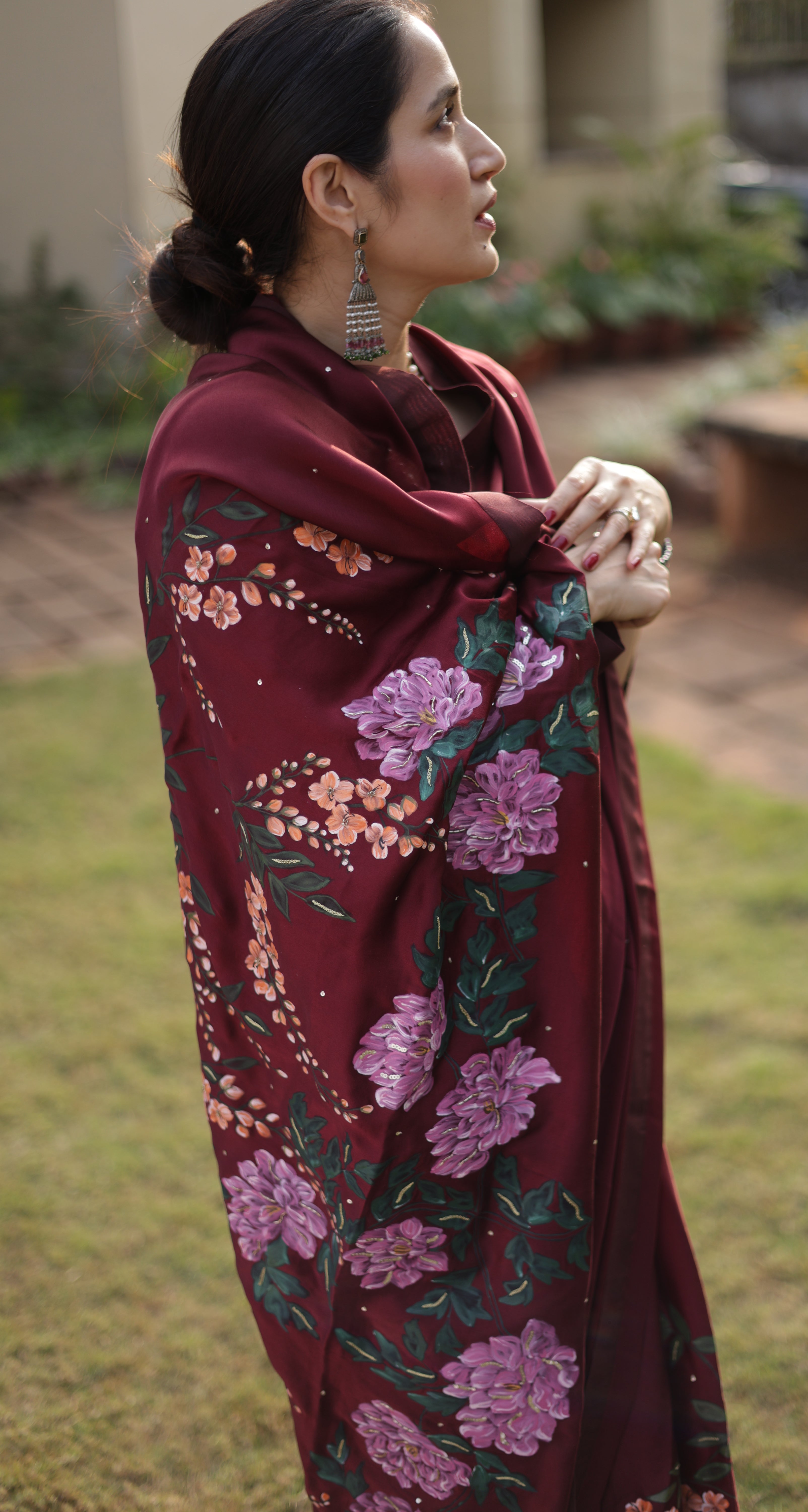 Actor Sagarika Ghatge in our Dark Red Satin-Crepe Saree