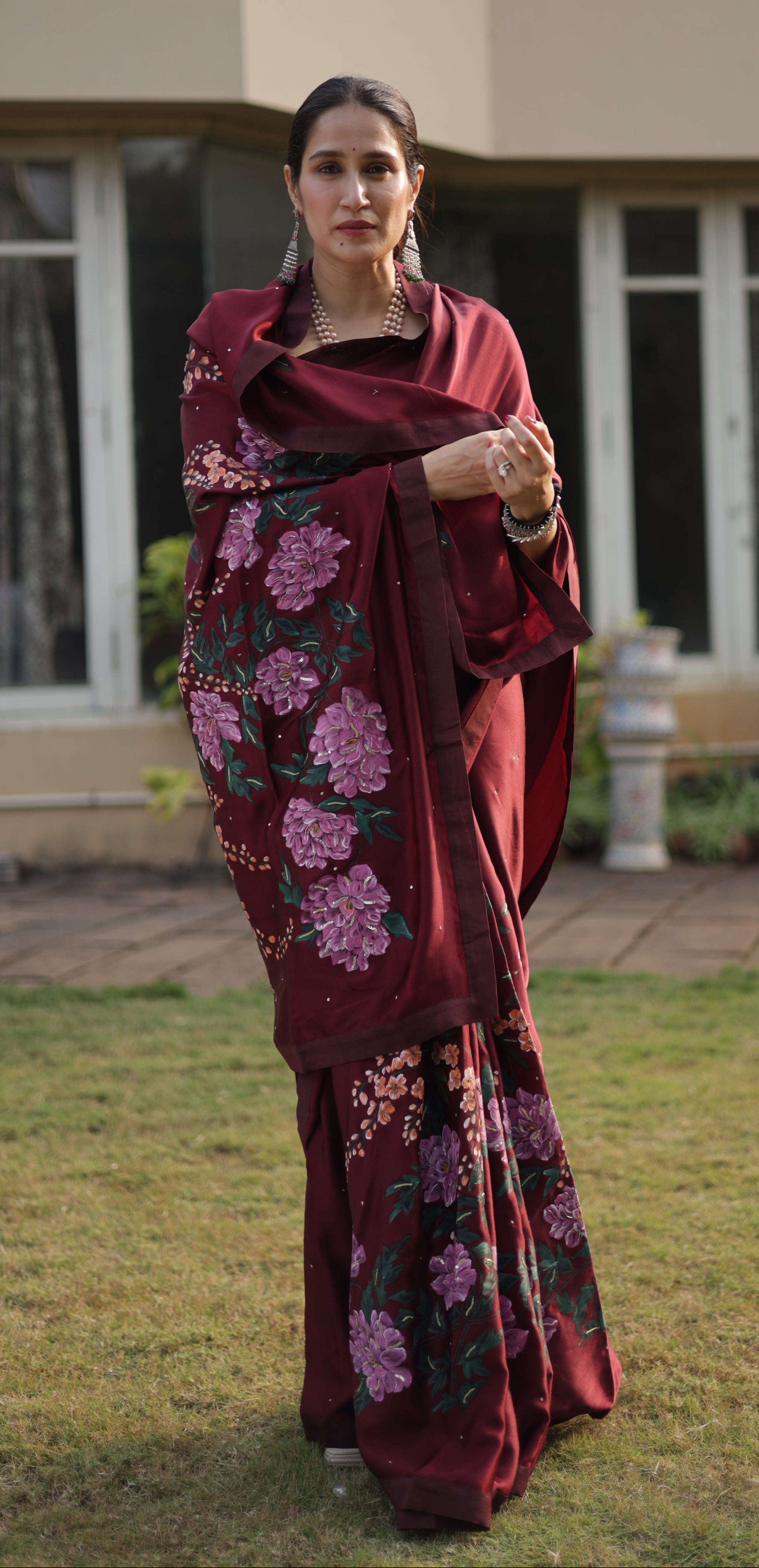 Actor Sagarika Ghatge in our Dark Red Satin-Crepe Saree