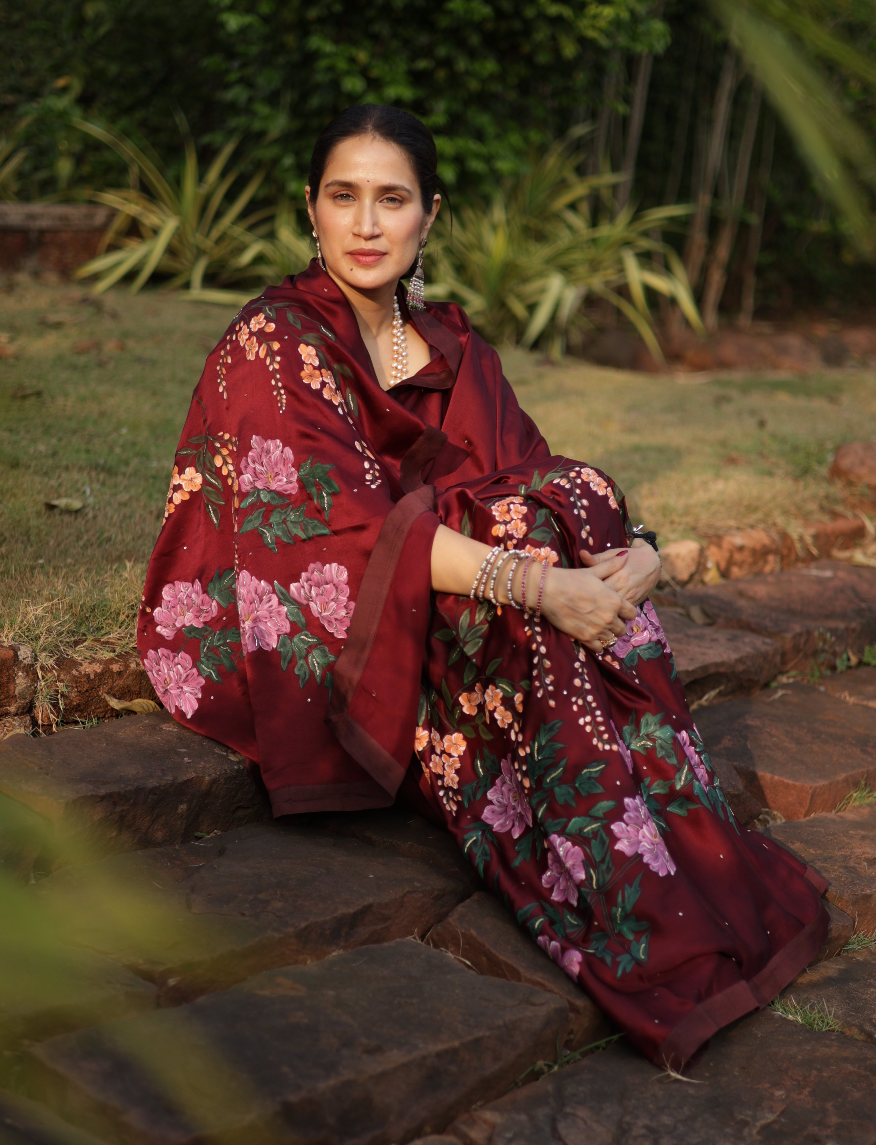 Actor Sagarika Ghatge in our Dark Red Satin-Crepe Saree