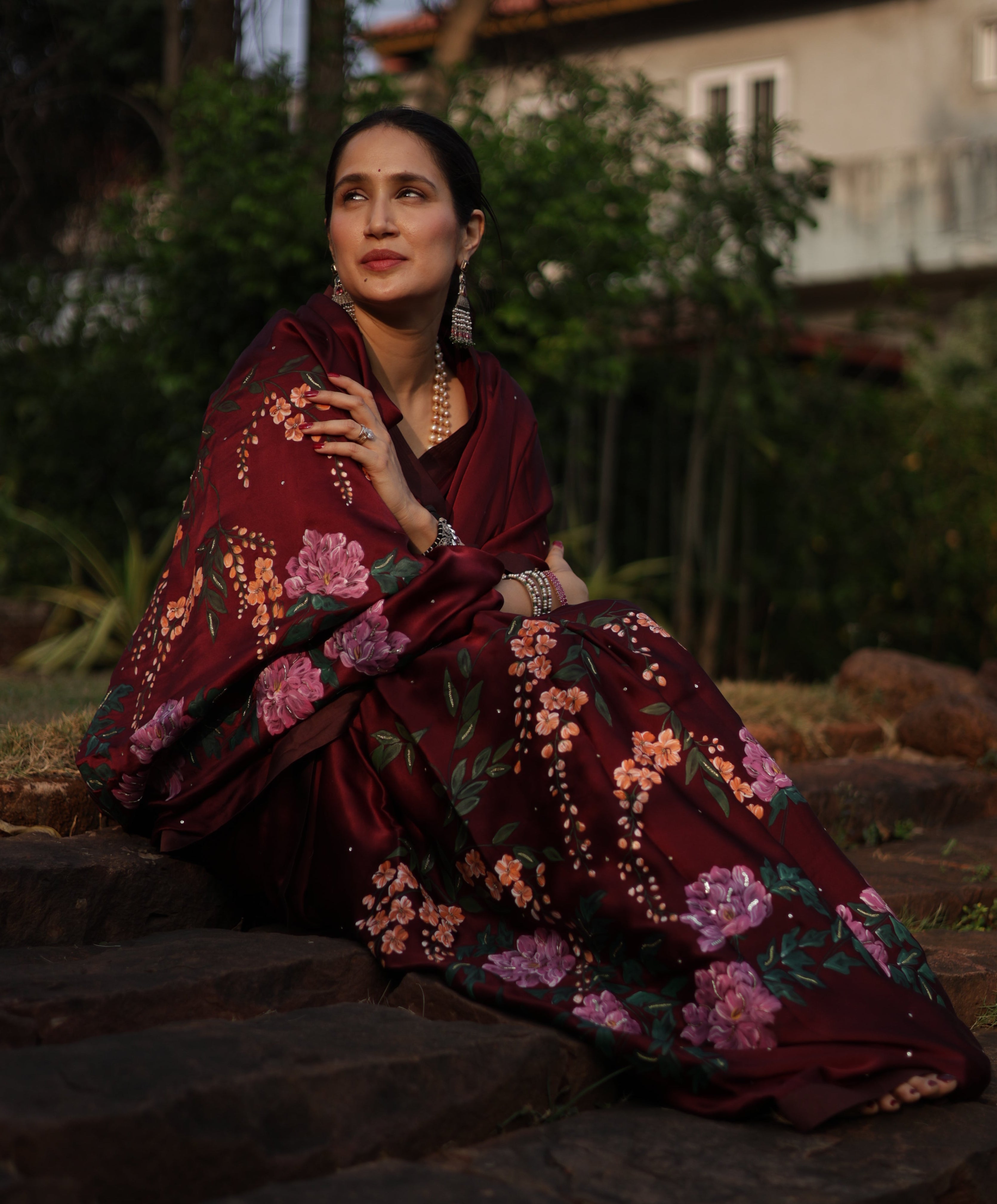 Actor Sagarika Ghatge in our Dark Red Satin-Crepe Saree